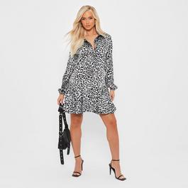 I Saw It First ISAWITFIRST Printed Frill Hem Satin Shirt Dress