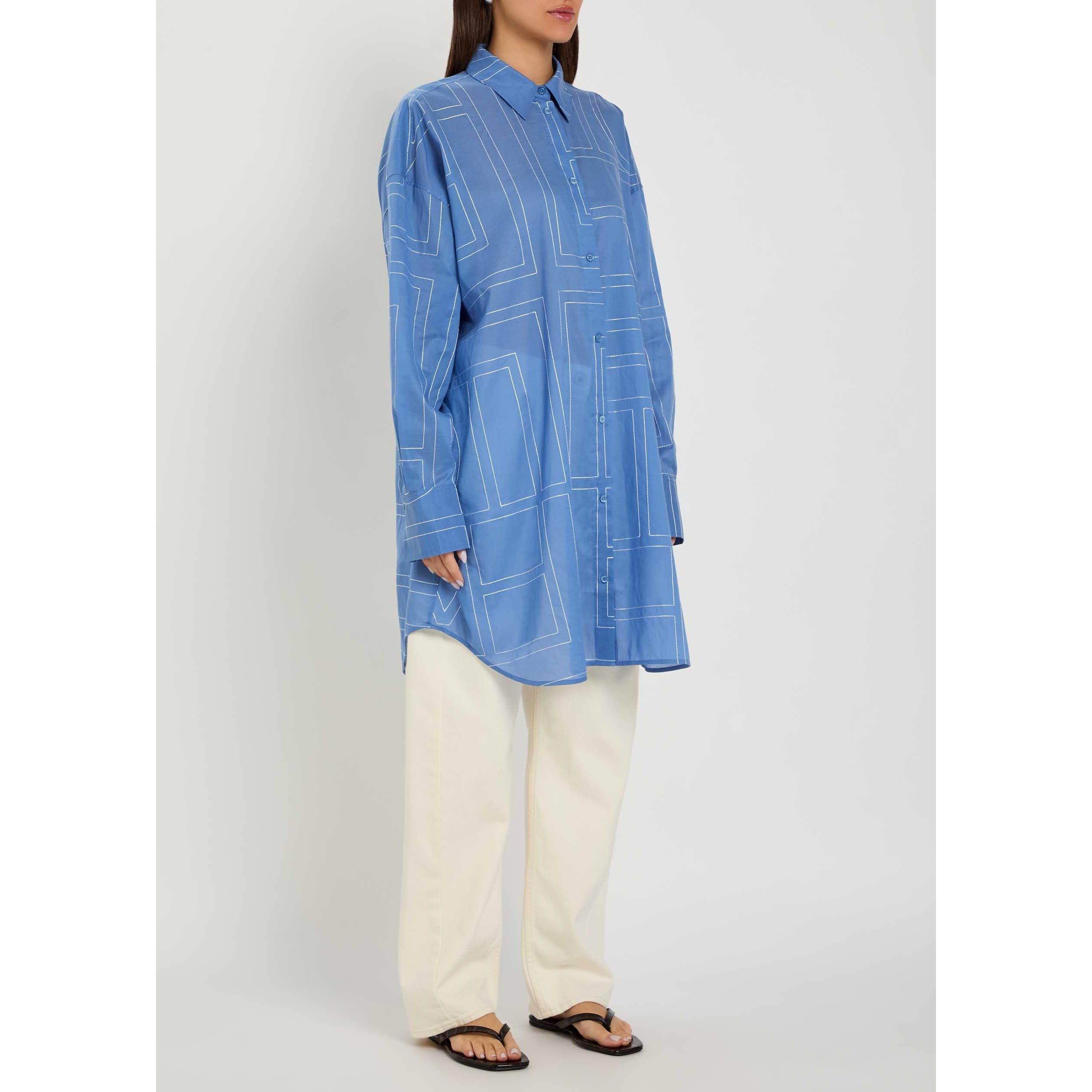 BLUE - Toteme - Women's Embroidered Cotton Long-Sleeve Longline Shirt - 2