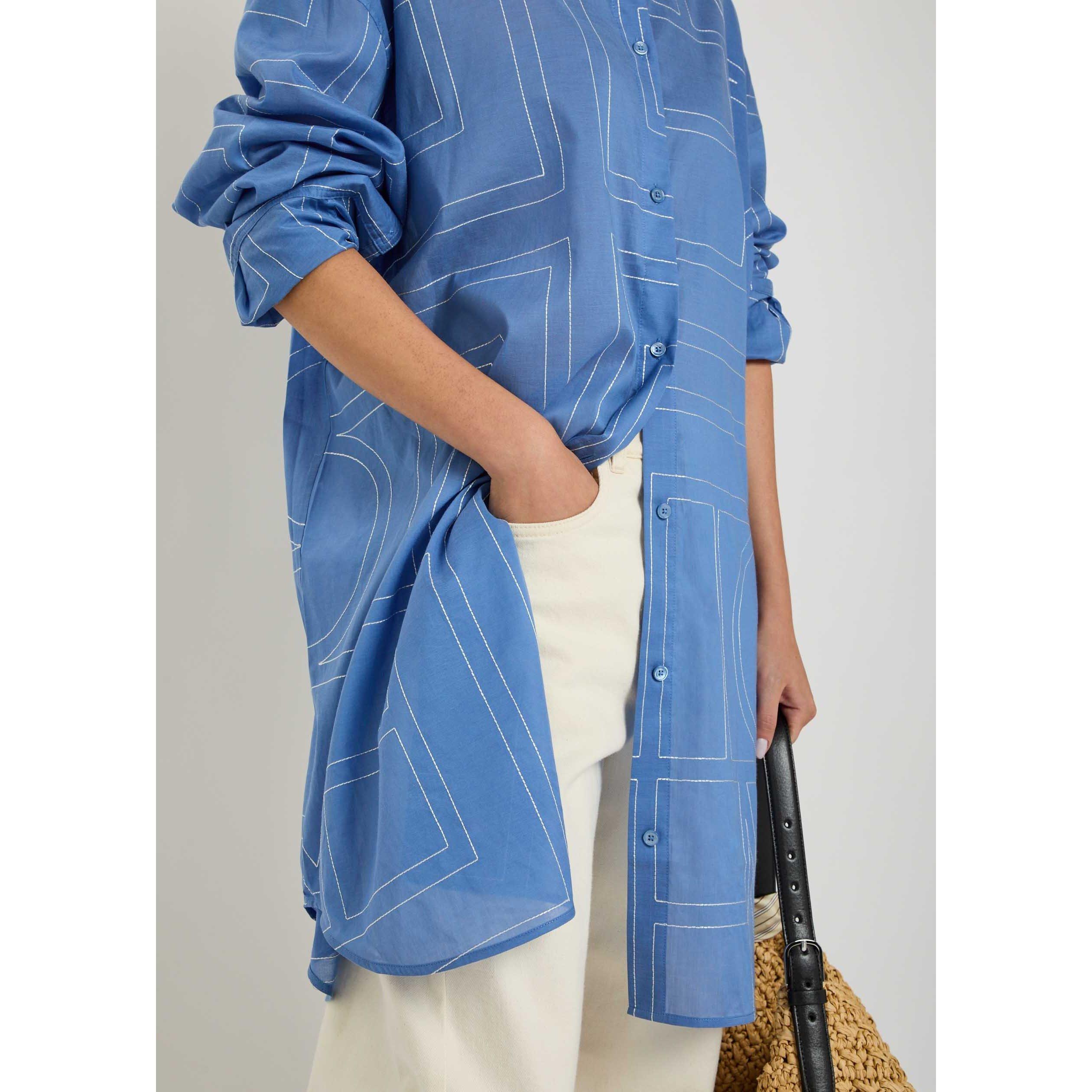 BLUE - Toteme - Women's Embroidered Cotton Long-Sleeve Longline Shirt - 4