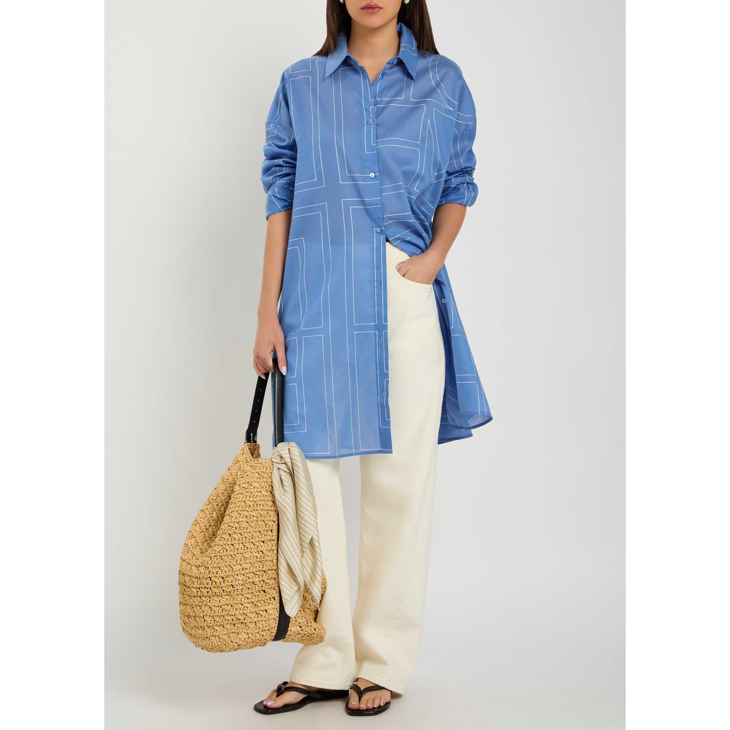 BLUE - Toteme - Women's Embroidered Cotton Long-Sleeve Longline Shirt - 6