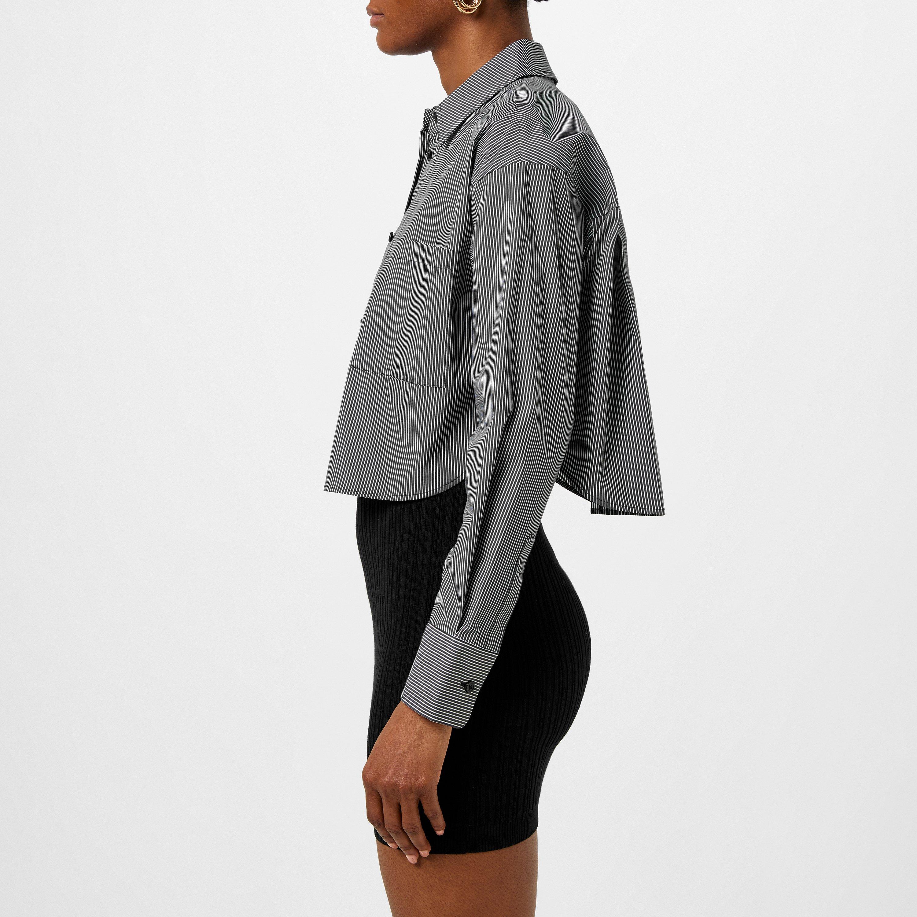 Blue - DKNY - Women's Cropped Stripe Long-Sleeve Oxford Shirt - 2