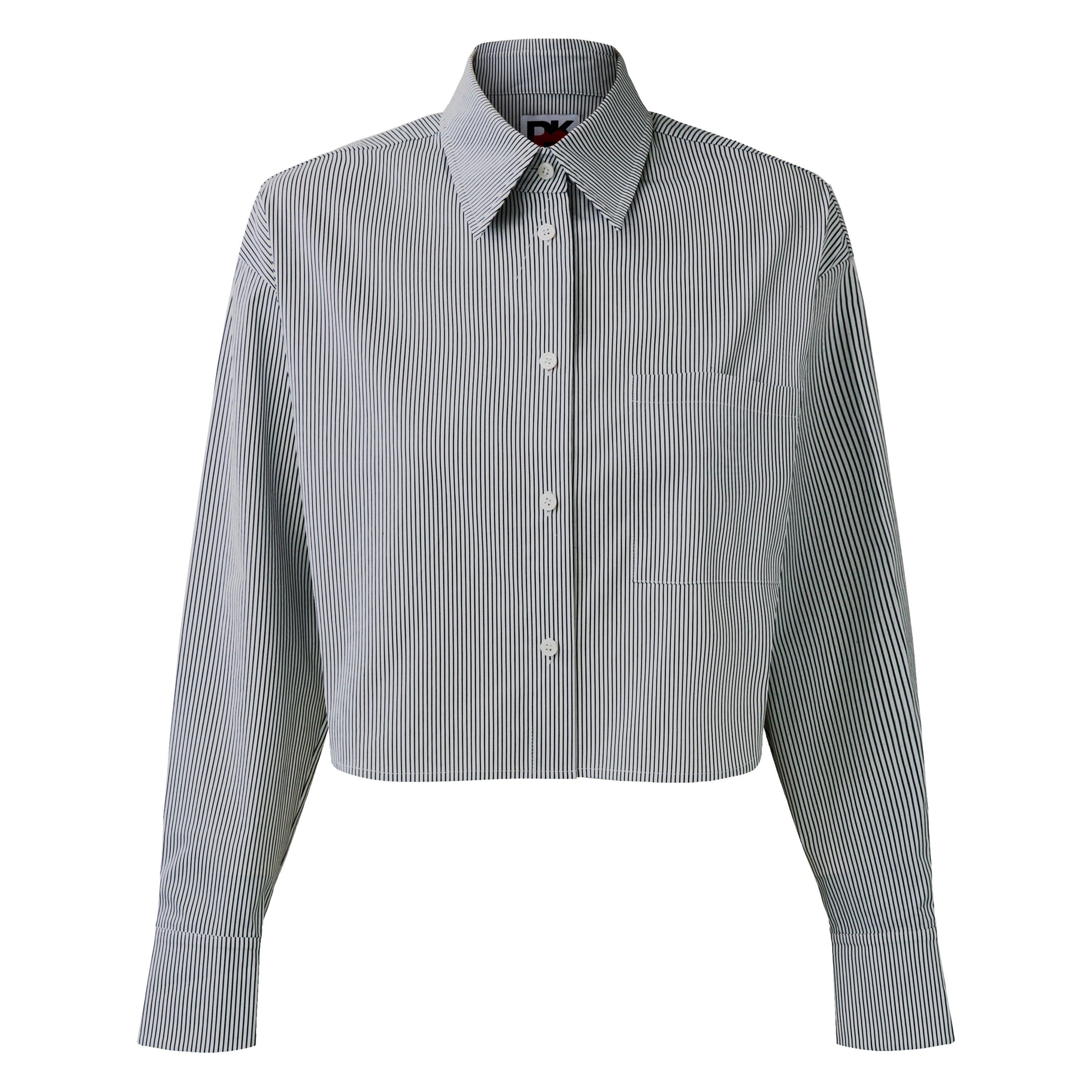 Blue - DKNY - Women's Cropped Stripe Long-Sleeve Oxford Shirt - 5