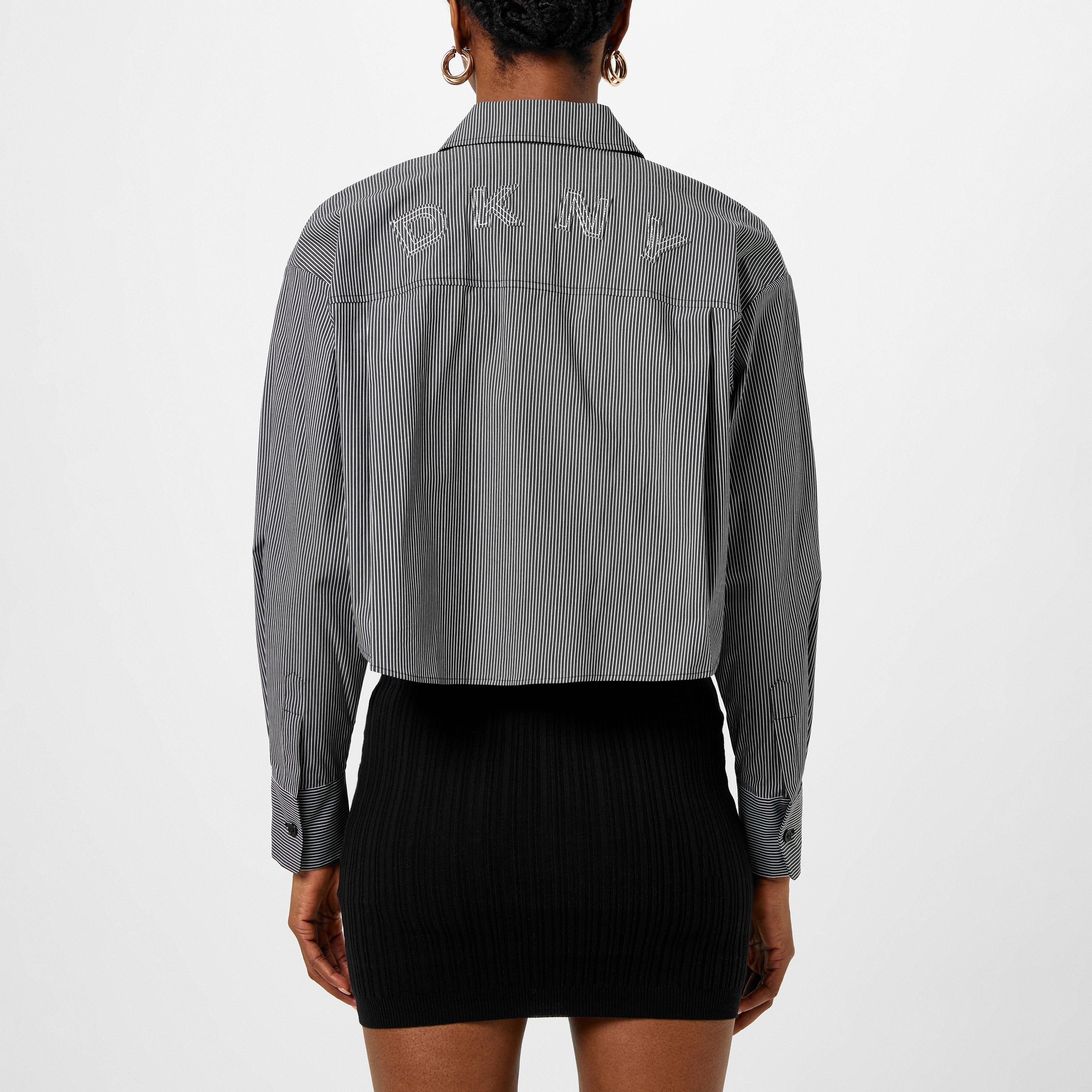 Blue - DKNY - Women's Cropped Stripe Long-Sleeve Oxford Shirt - 3