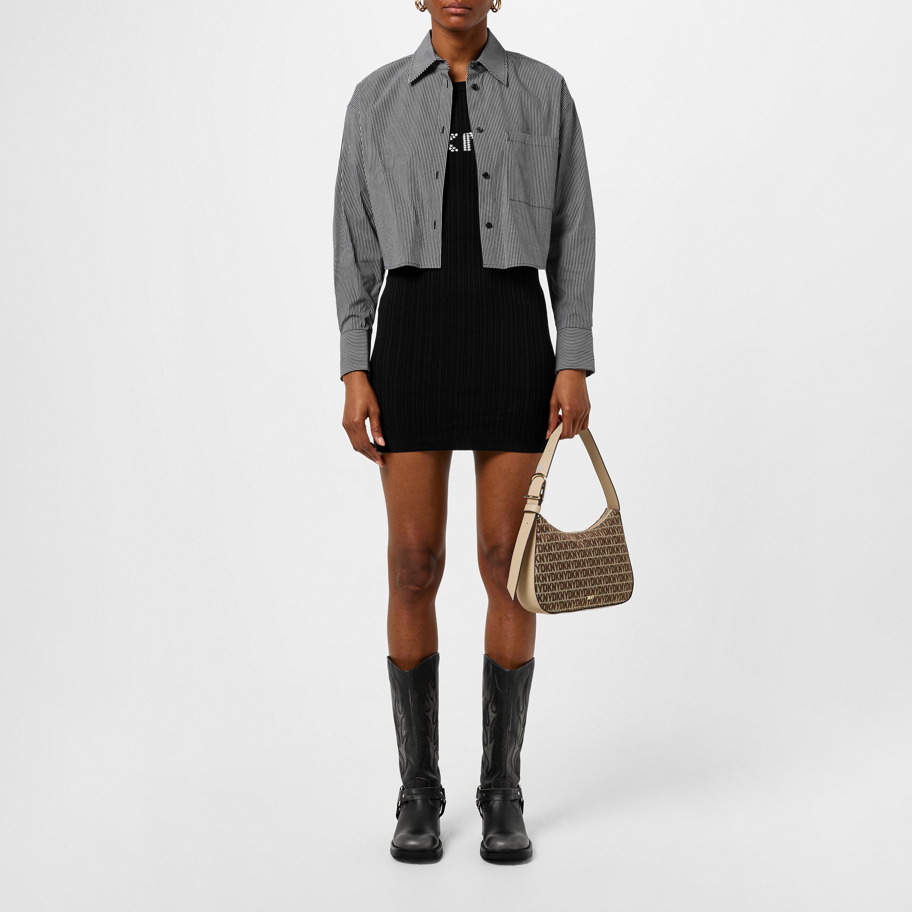 Blue - DKNY - Women's Cropped Stripe Long-Sleeve Oxford Shirt - 4