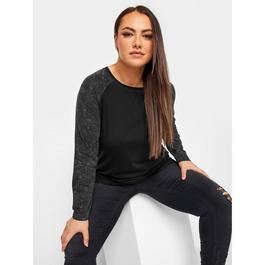 YOURS Yours Curve Long Sleeve Raglan Contrast Acid Wash Tee Black