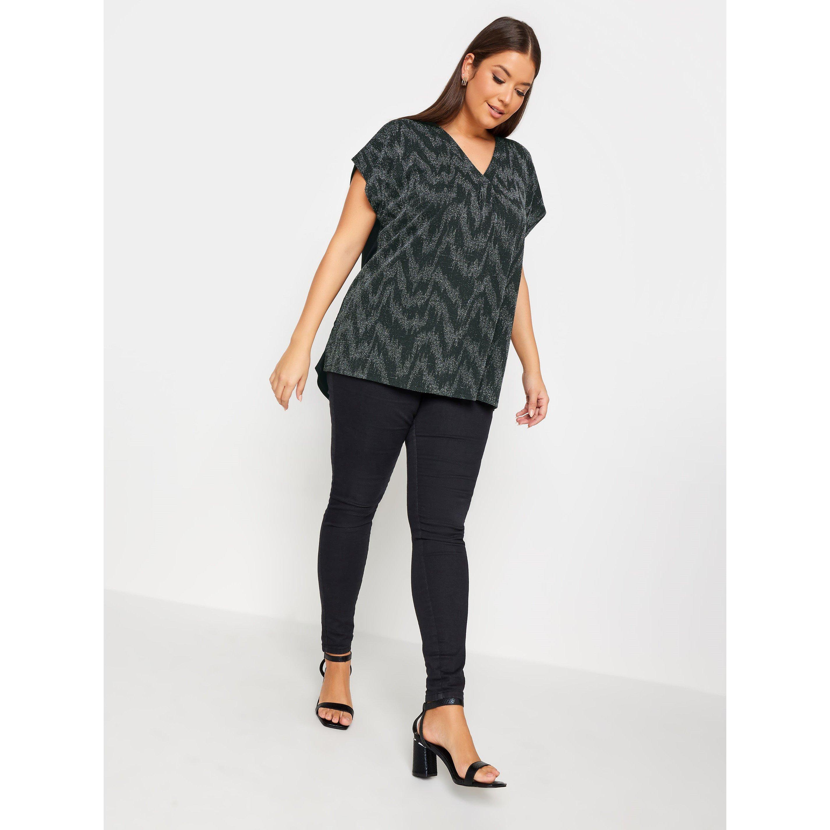 Black - YOURS - Curve Half Notch Neck Lurex Regular Fit T-Shirt - 2