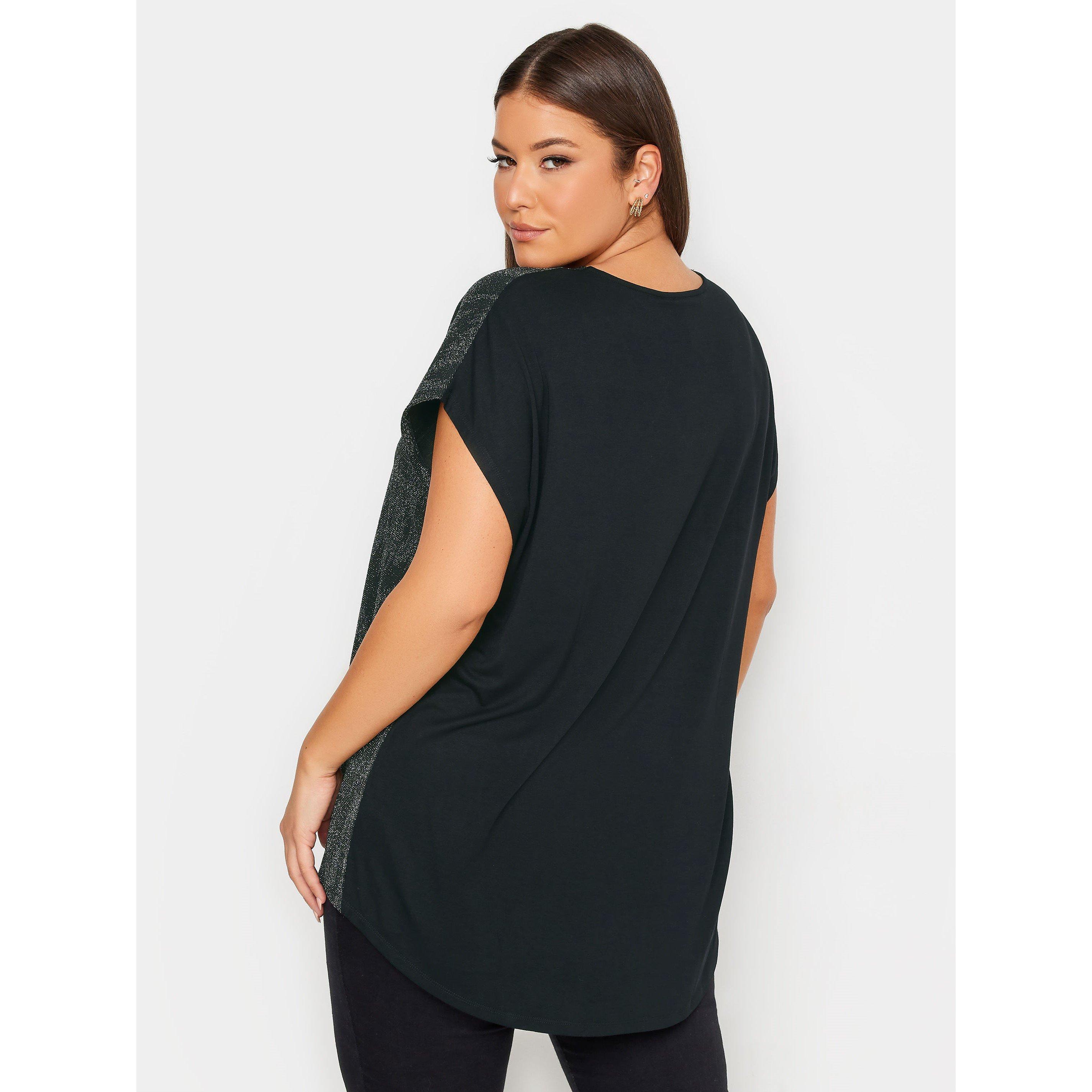 Black - YOURS - Curve Half Notch Neck Lurex Regular Fit T-Shirt - 3
