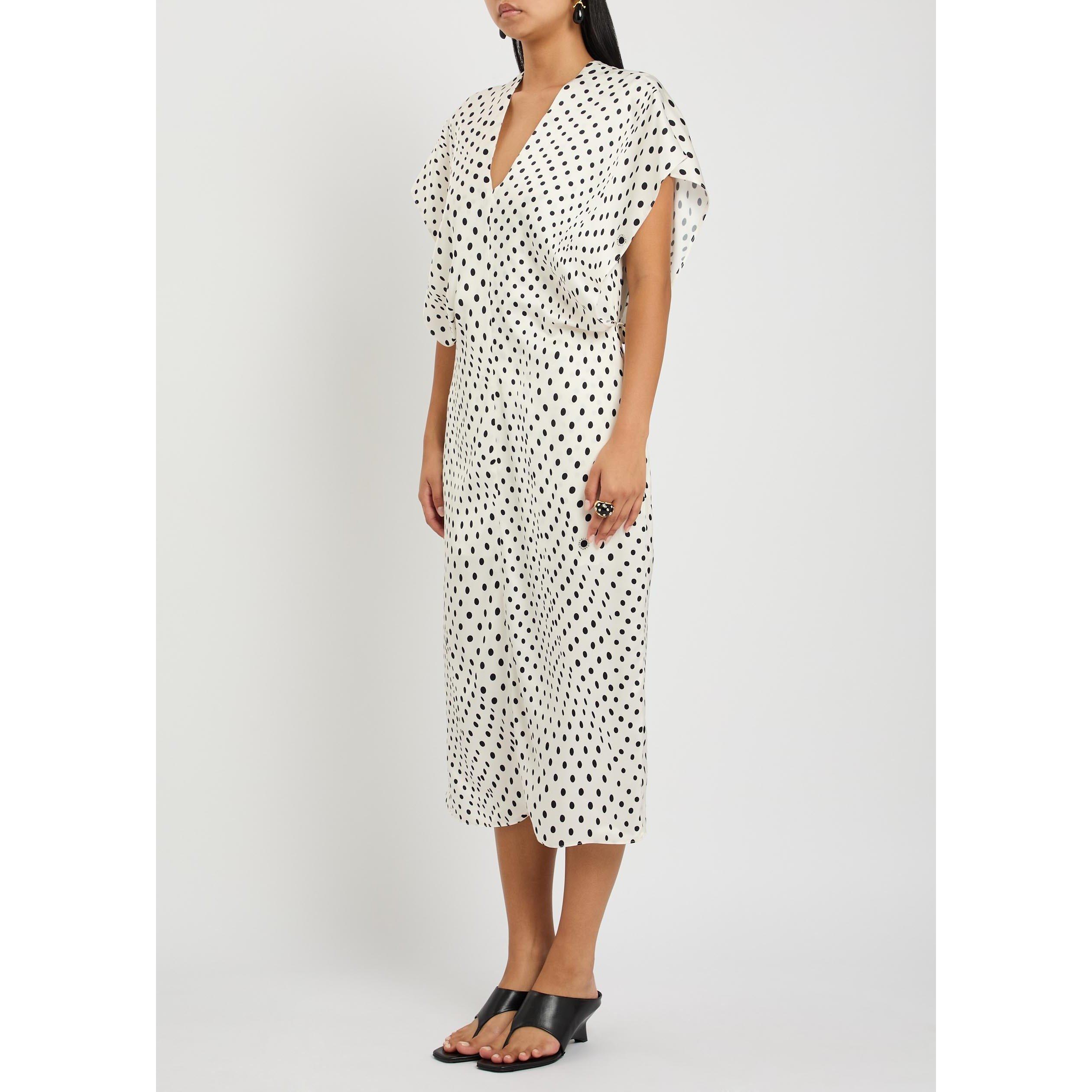WHITE AND OTHER - Stella McCartney - Women's Polka Dot V-Neck Satin Midi A-Line Dress - 2