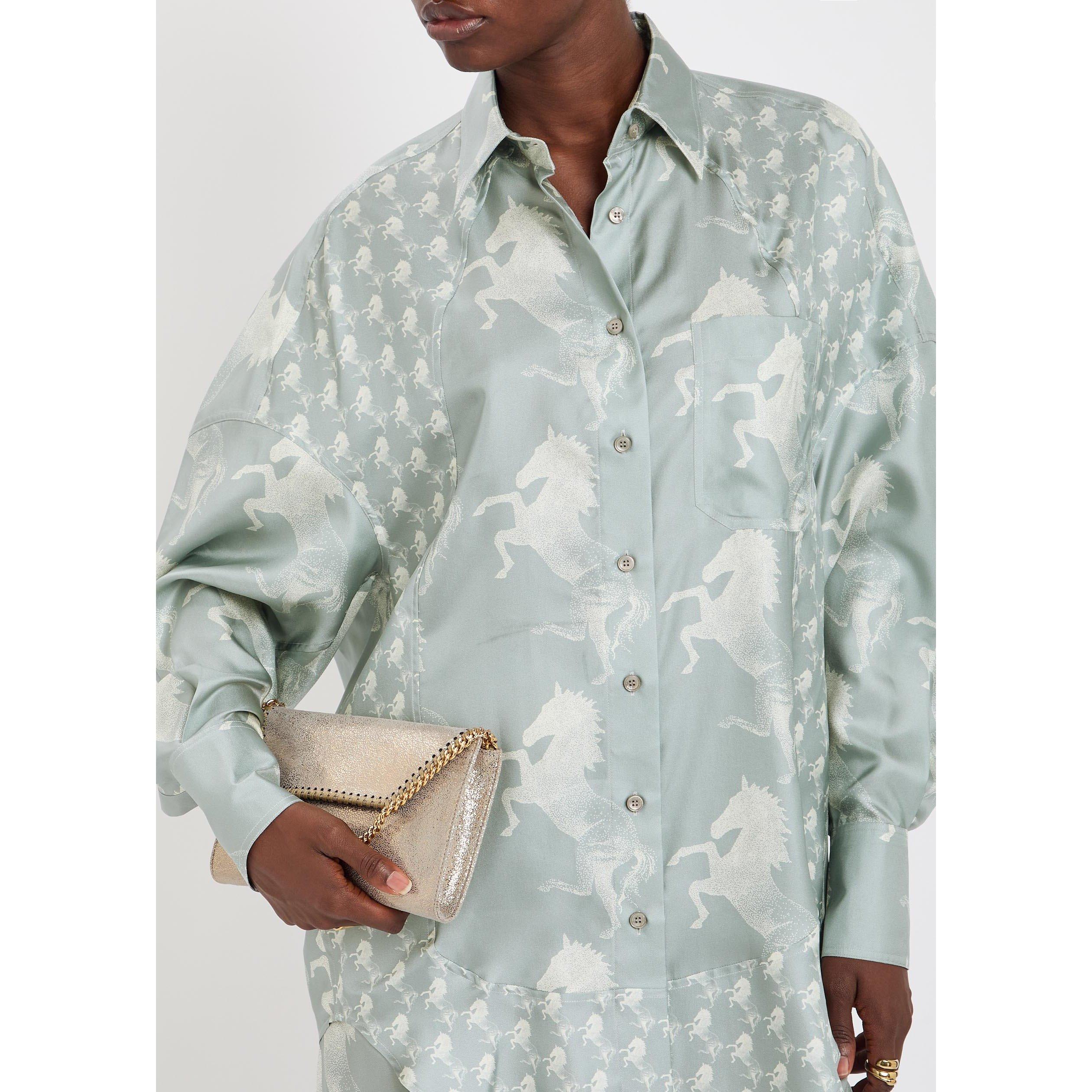 BLUE AND OTHER - Stella McCartney - Women's Horse Print Panelled Long-Sleeve Silk Oversized-Fit Shirt - 4