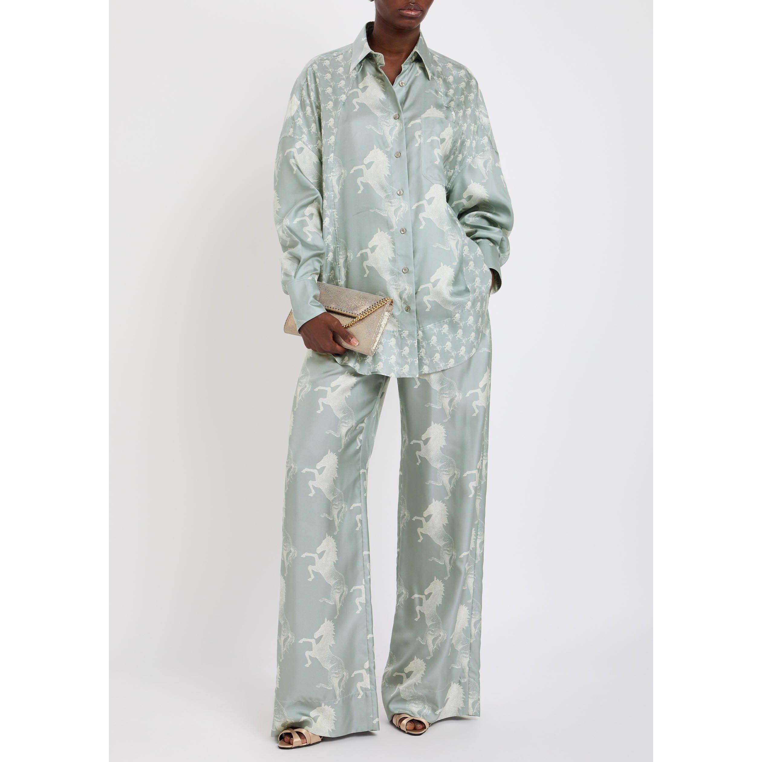 BLUE AND OTHER - Stella McCartney - Women's Horse Print Panelled Long-Sleeve Silk Oversized-Fit Shirt - 5