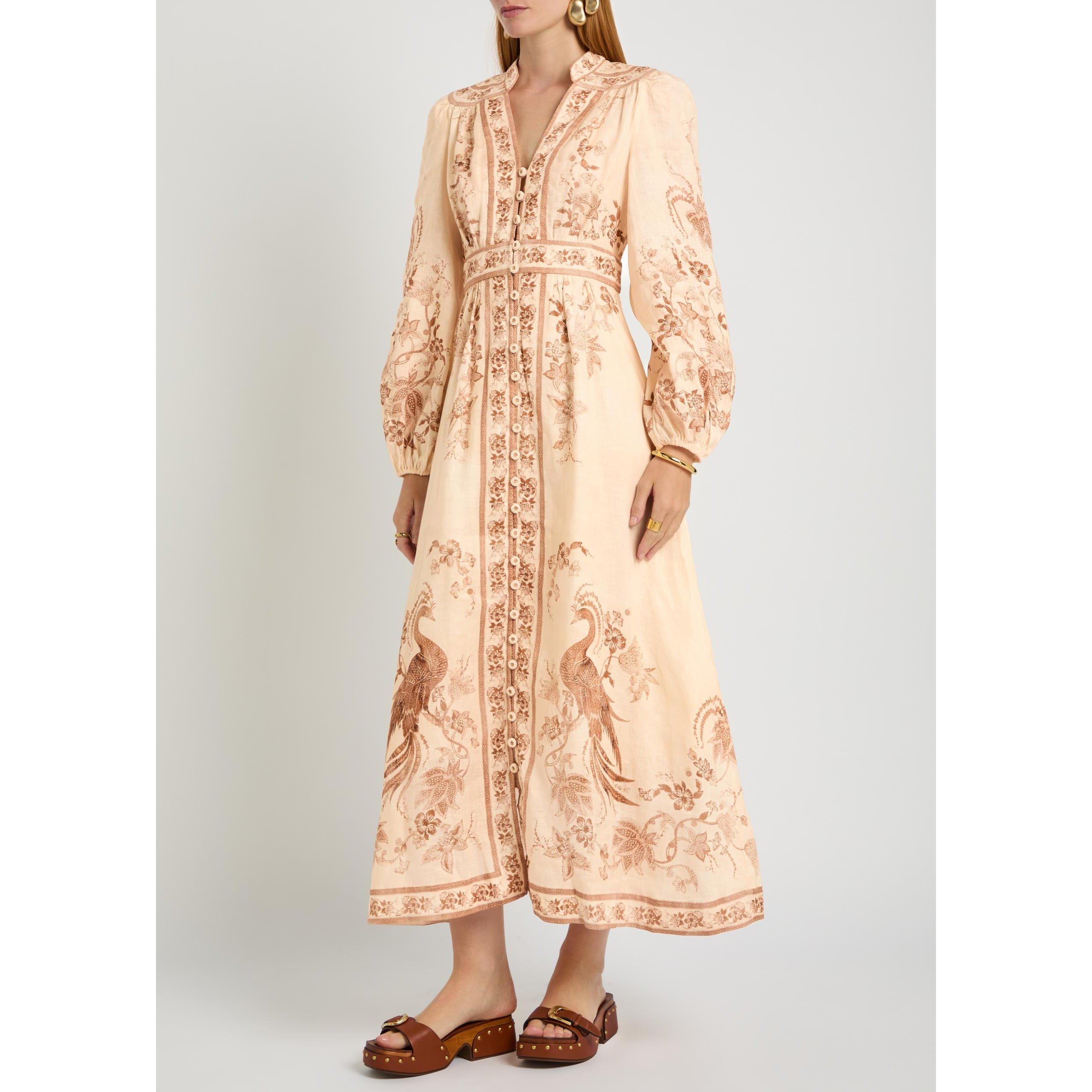 CREAM AND OTHER - Zimmermann - Women's Indra Plunge Midi Linen Boho Dress - 2