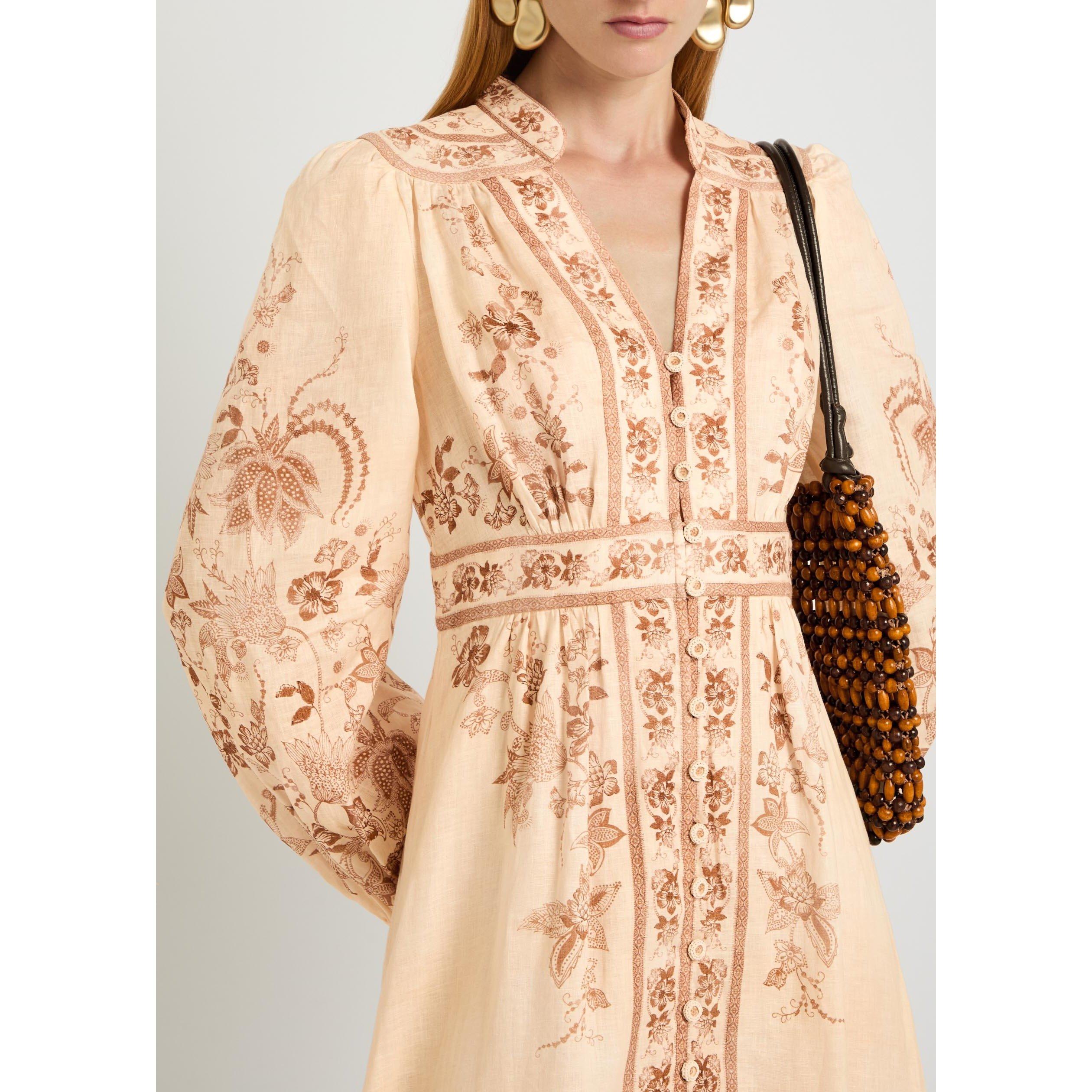 CREAM AND OTHER - Zimmermann - Women's Indra Plunge Midi Linen Boho Dress - 4