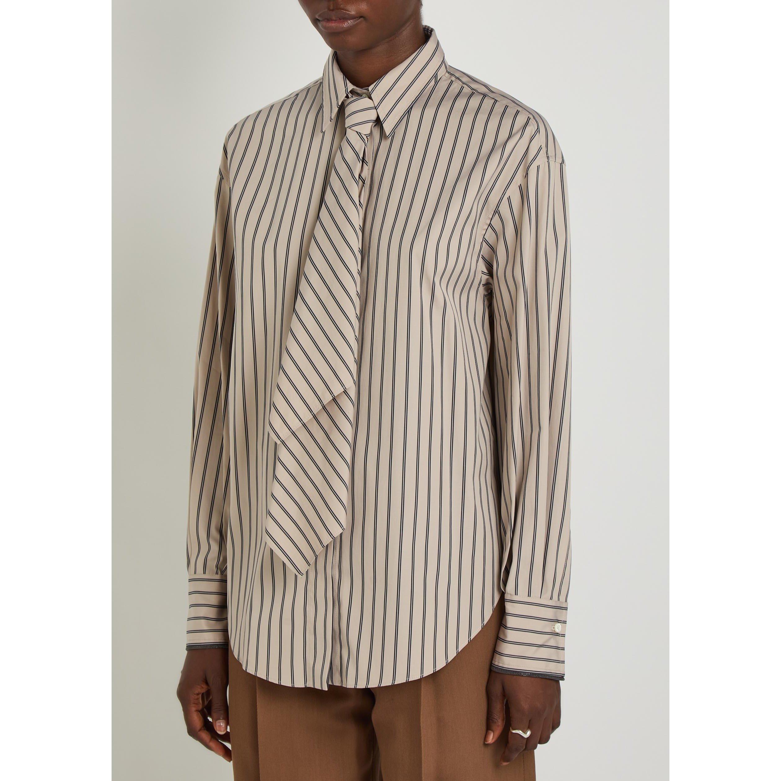 BEIGE AND OTHER - Brunello Cucinelli - Women's Striped Cotton Long-Sleeve Shirt - 2