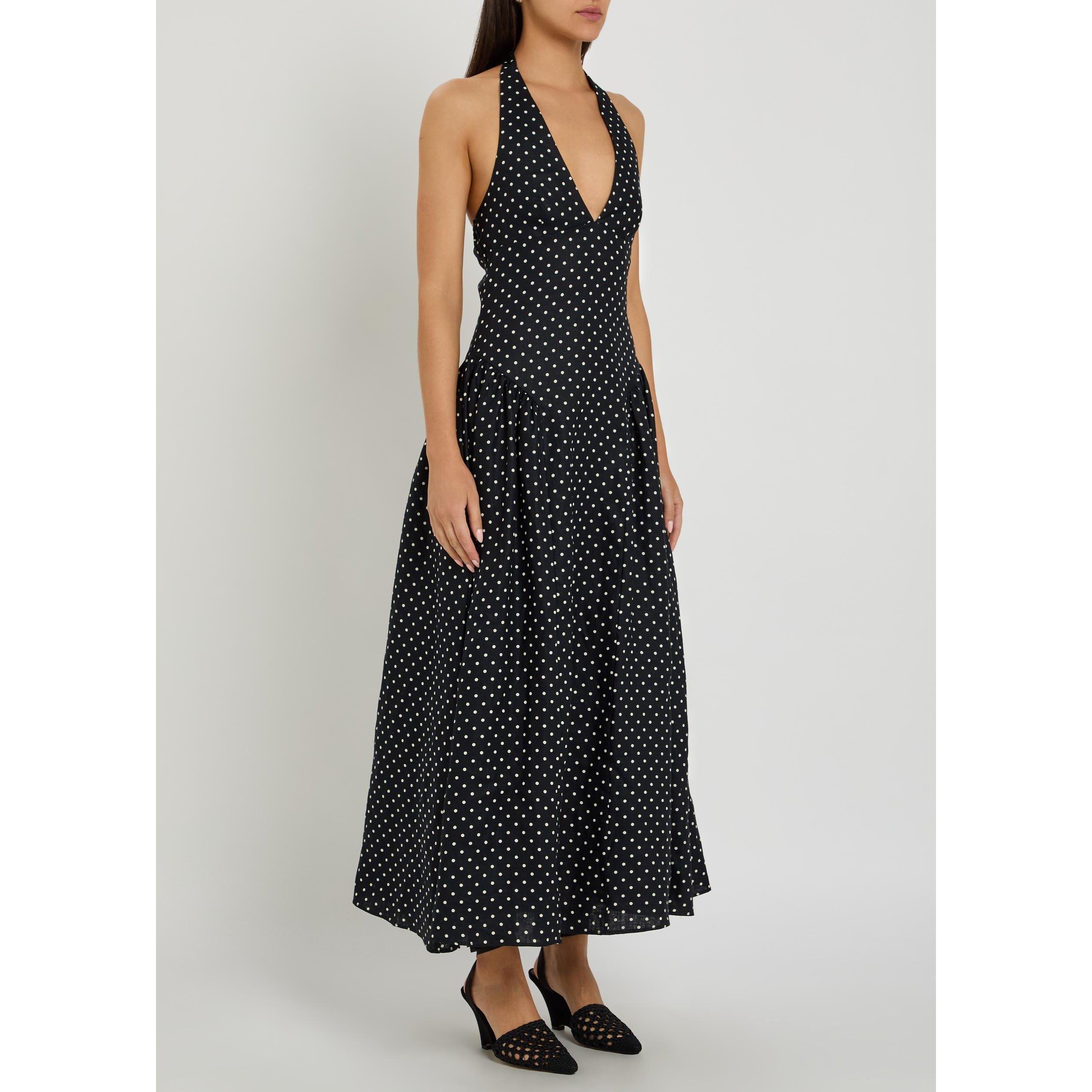 BLACK AND WHITE - Faithfull The Brand - Women's La Cala Midi Polka Dot Linen Halterneck A Line Dress - 2