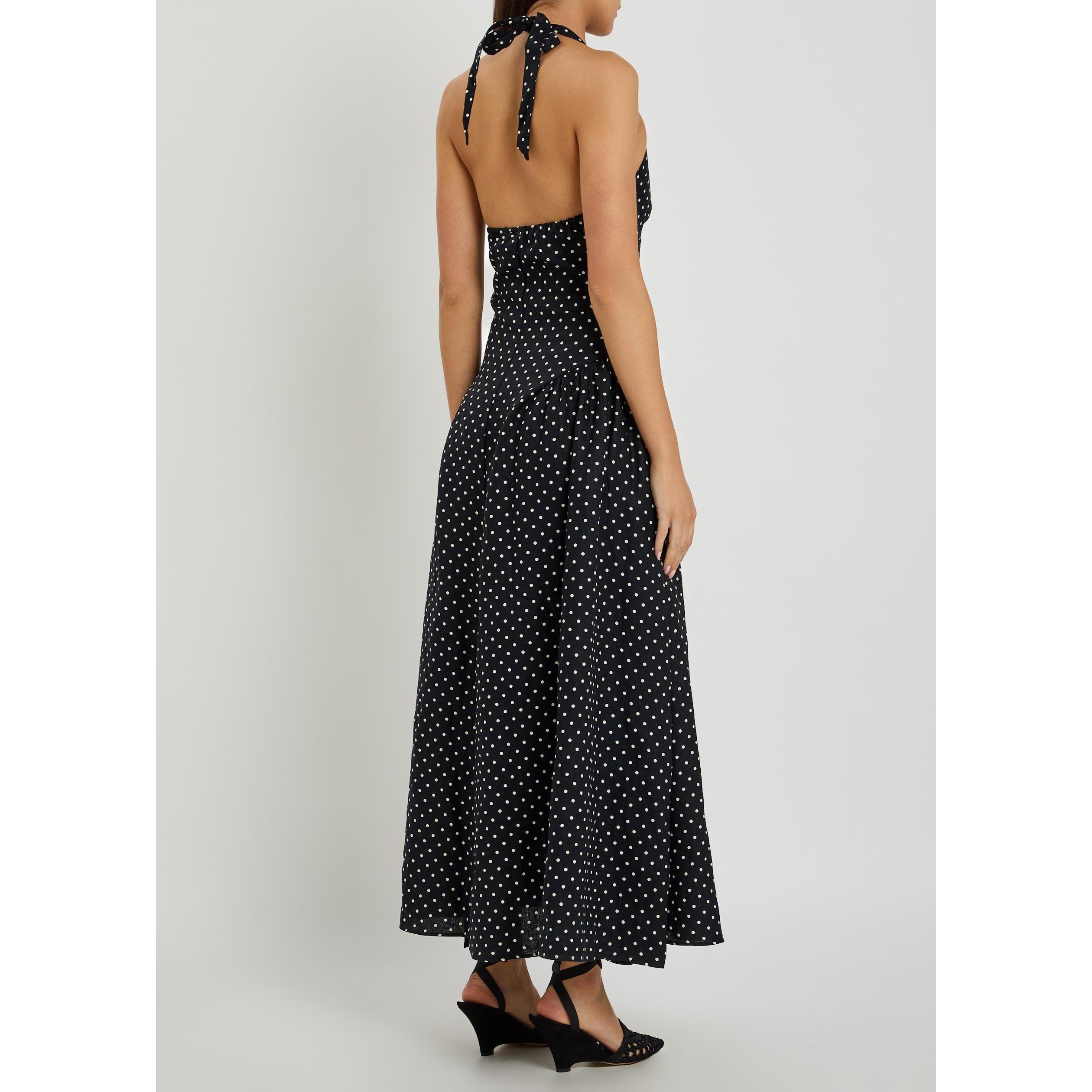BLACK AND WHITE - Faithfull The Brand - Women's La Cala Midi Polka Dot Linen Halterneck A Line Dress - 3