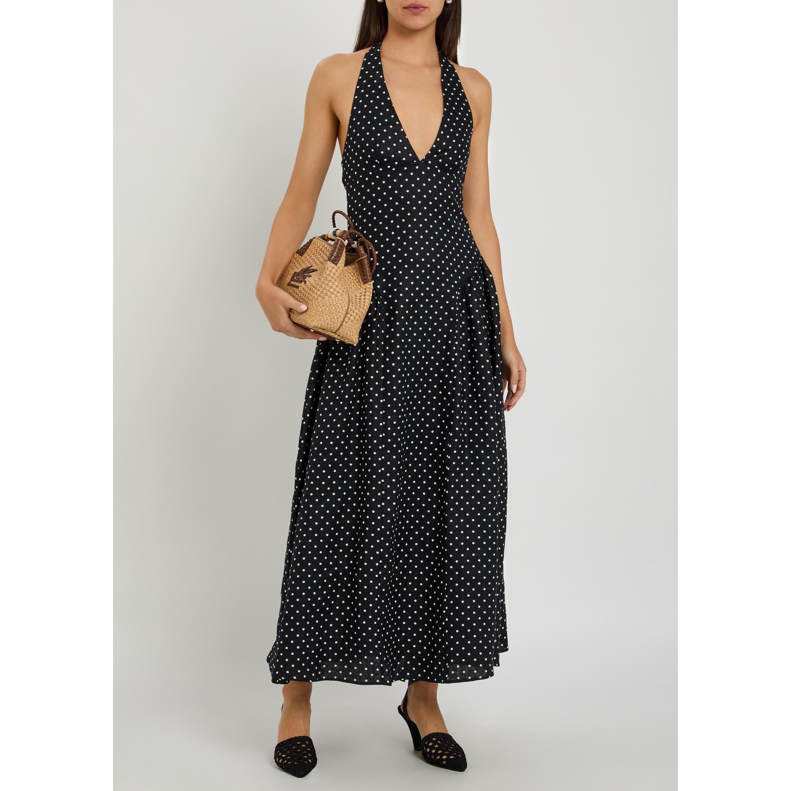 BLACK AND WHITE - Faithfull The Brand - Women's La Cala Midi Polka Dot Linen Halterneck A Line Dress - 5