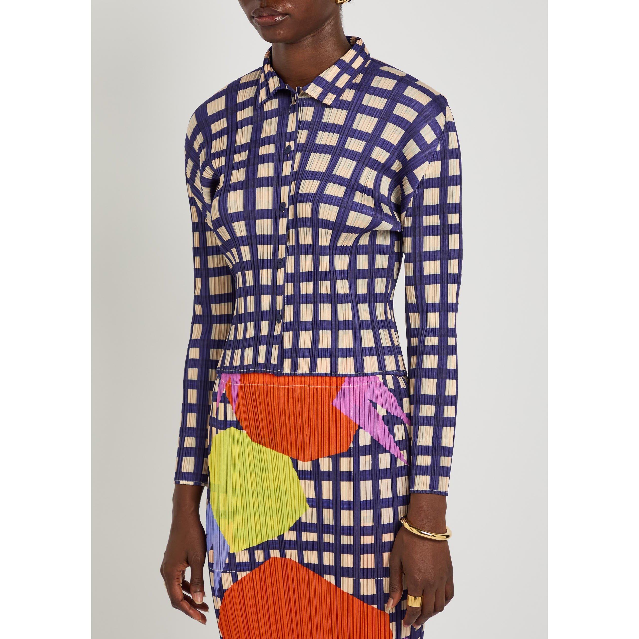 NAVY - Issey Miyake - Women's Basket Gingham Long-Sleeve Slim-Fit Shirt - 2