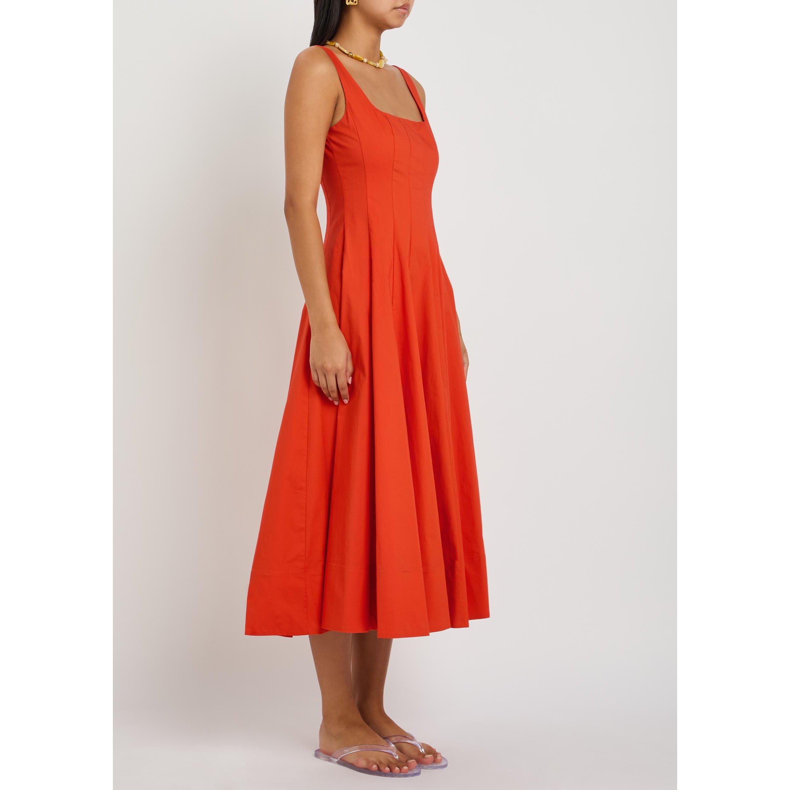 ORANGE - Staud - Women's Wells Cotton Square Neck Midi A Line Dress - 2