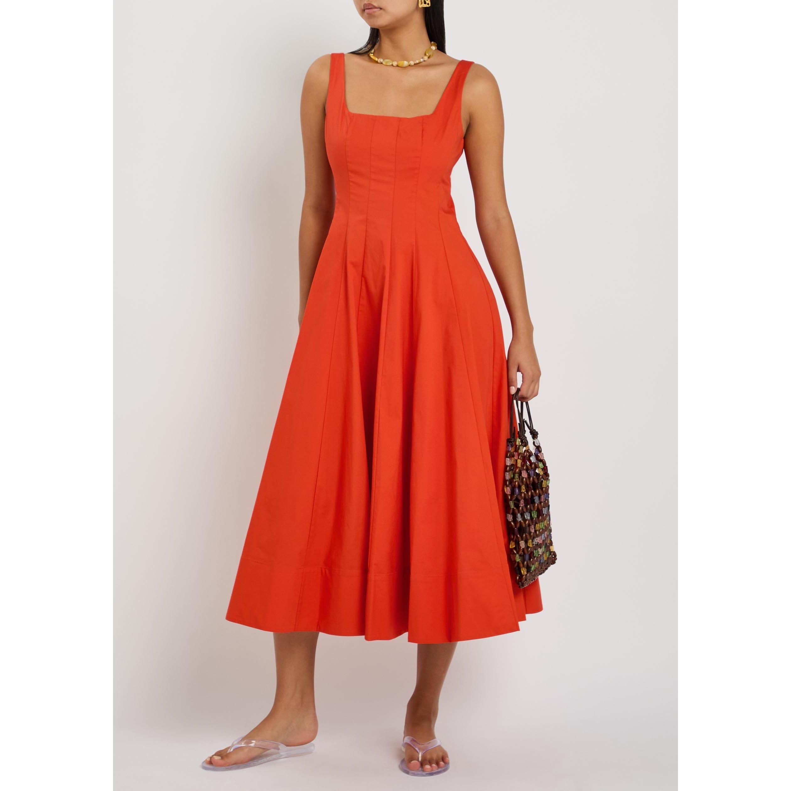 ORANGE - Staud - Women's Wells Cotton Square Neck Midi A Line Dress - 5