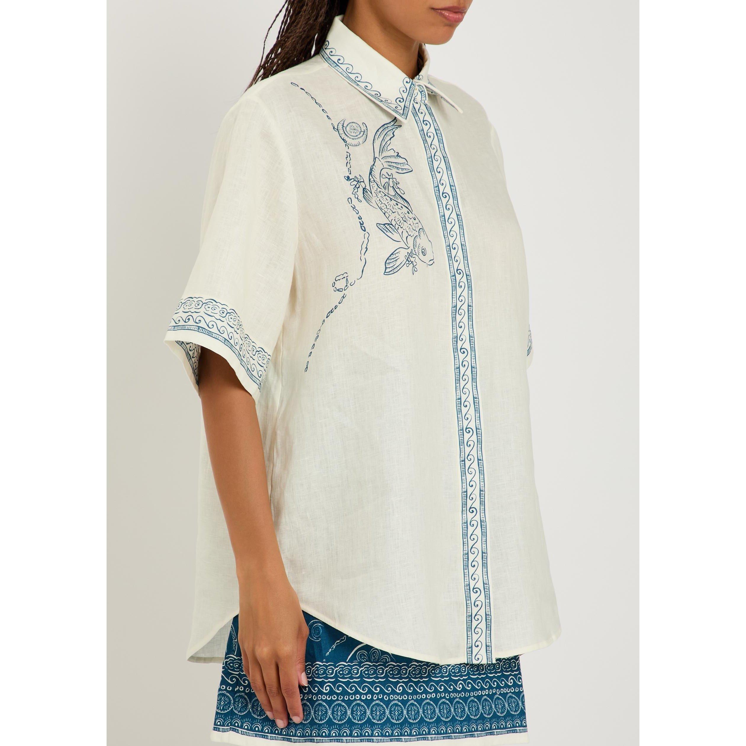 IVORY - Alemais - Women's Lucky Linen Short-Sleeve Oversized-Fit Patterned Shirt - 2