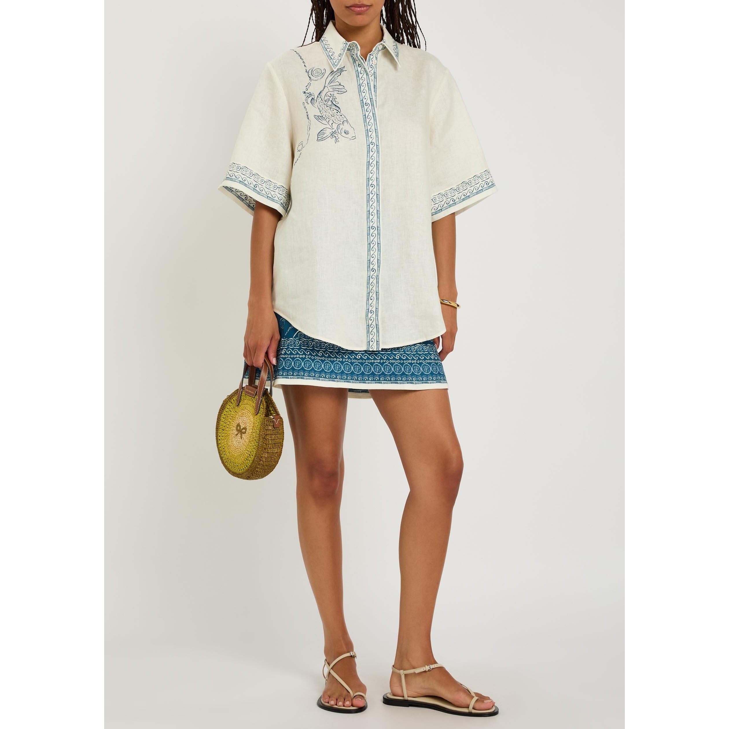 IVORY - Alemais - Women's Lucky Linen Short-Sleeve Oversized-Fit Patterned Shirt - 5