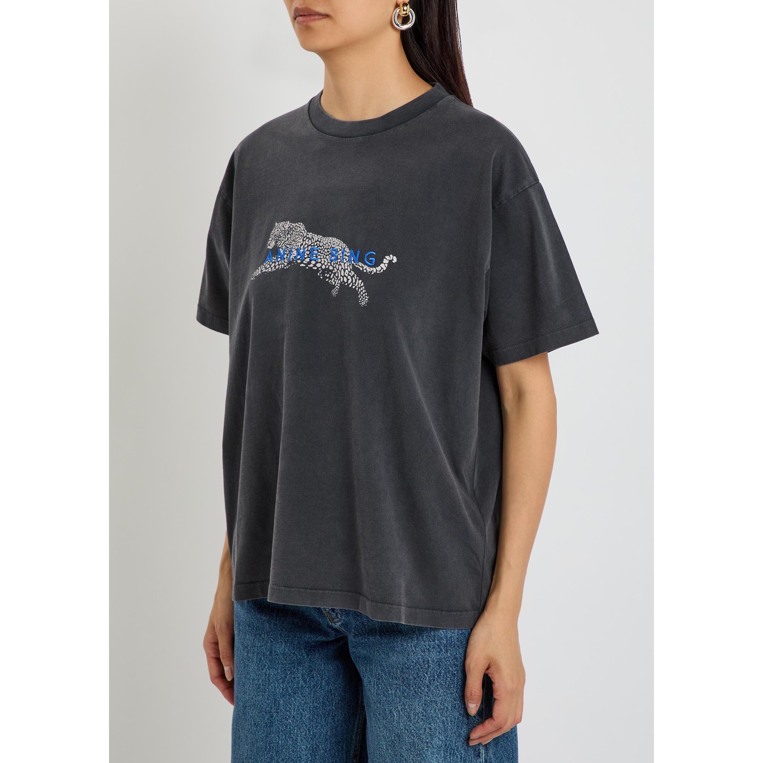 BLACK - Anine Bing - Women's Cade Leopard Print Cotton Oversized T-Shirt - 2