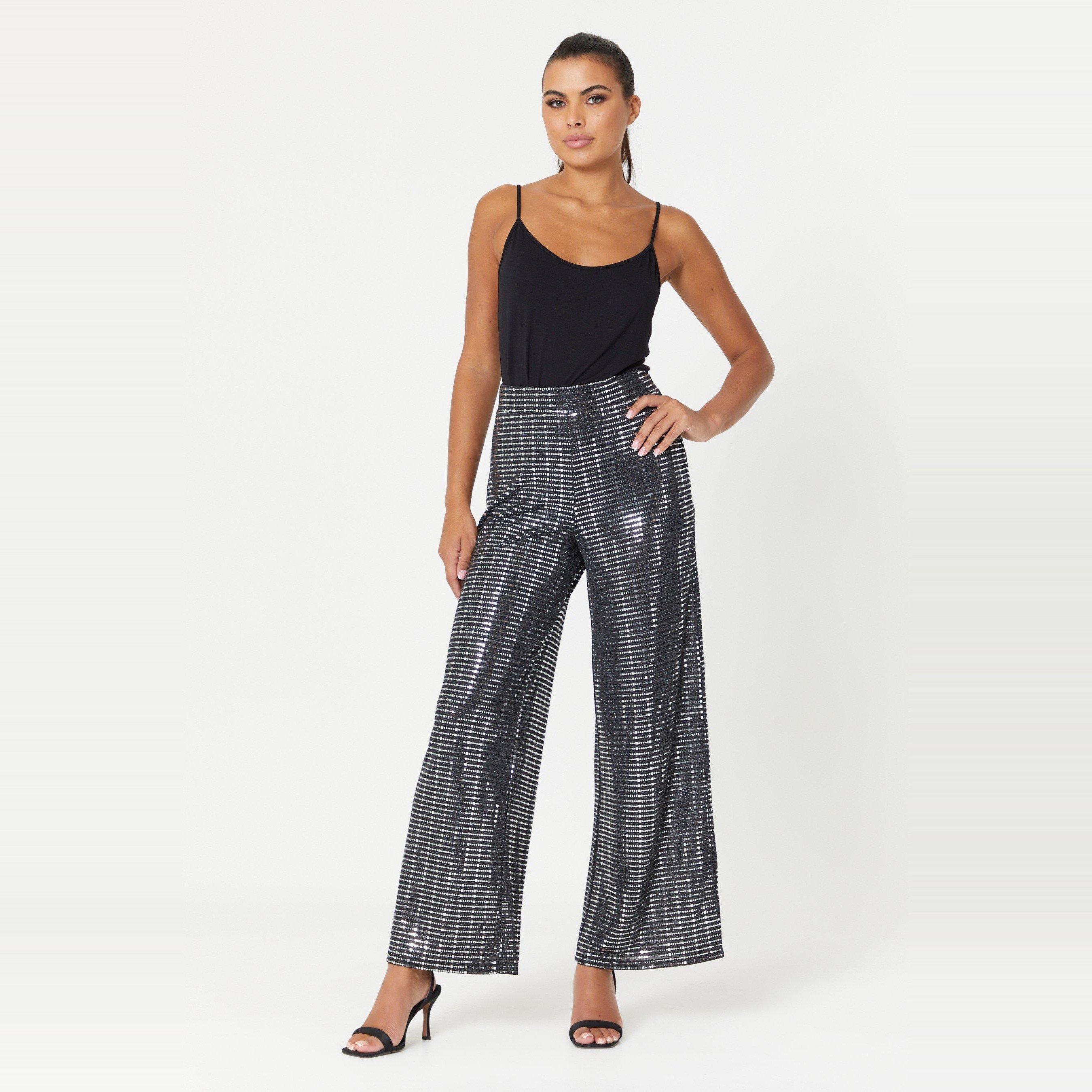 Silver - Be You - Ladies Glitter Wide Leg Trousers - 2