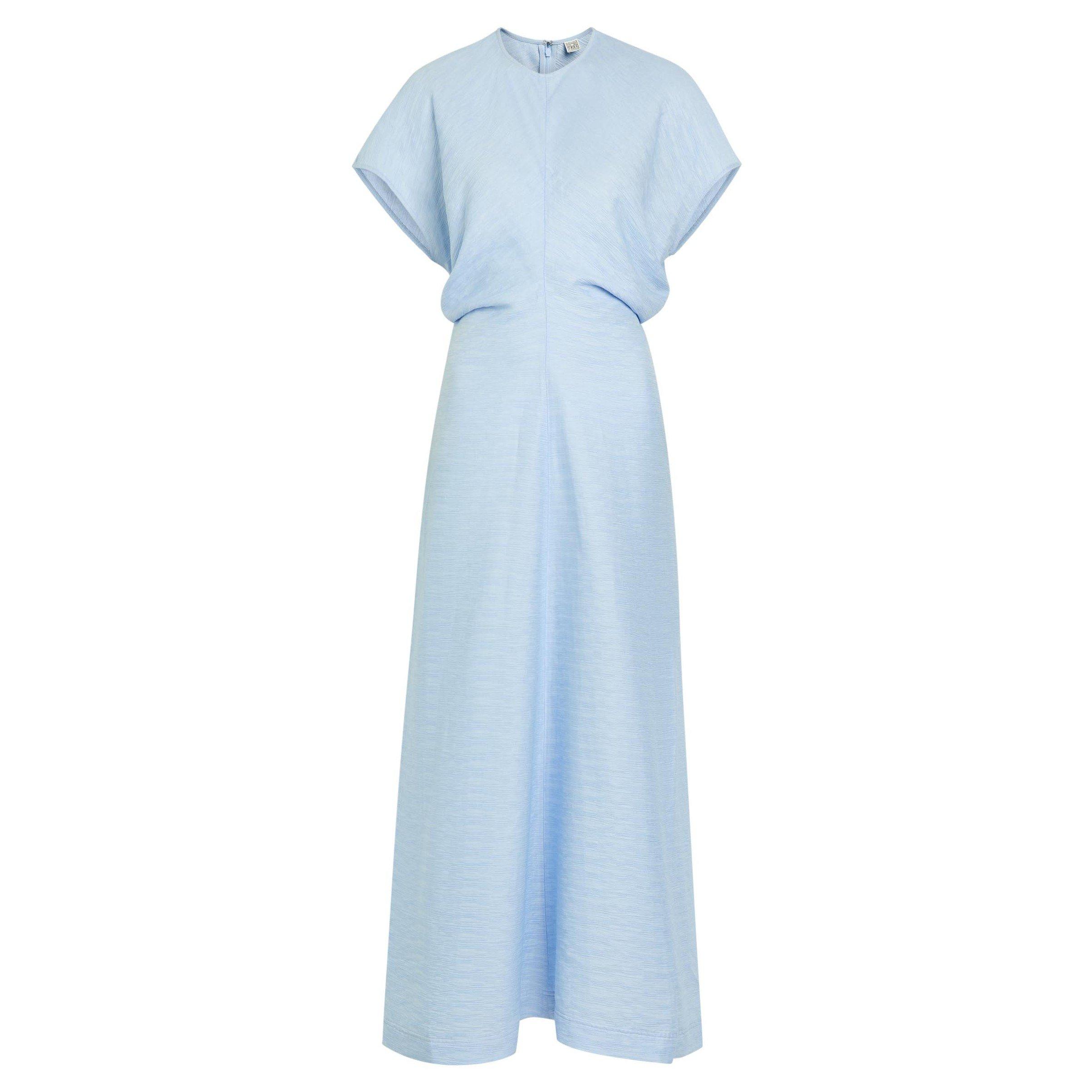 LIGHT BLUE - Toteme - Women's Round-Neck Pleated Viscose Maxi Dress - 1