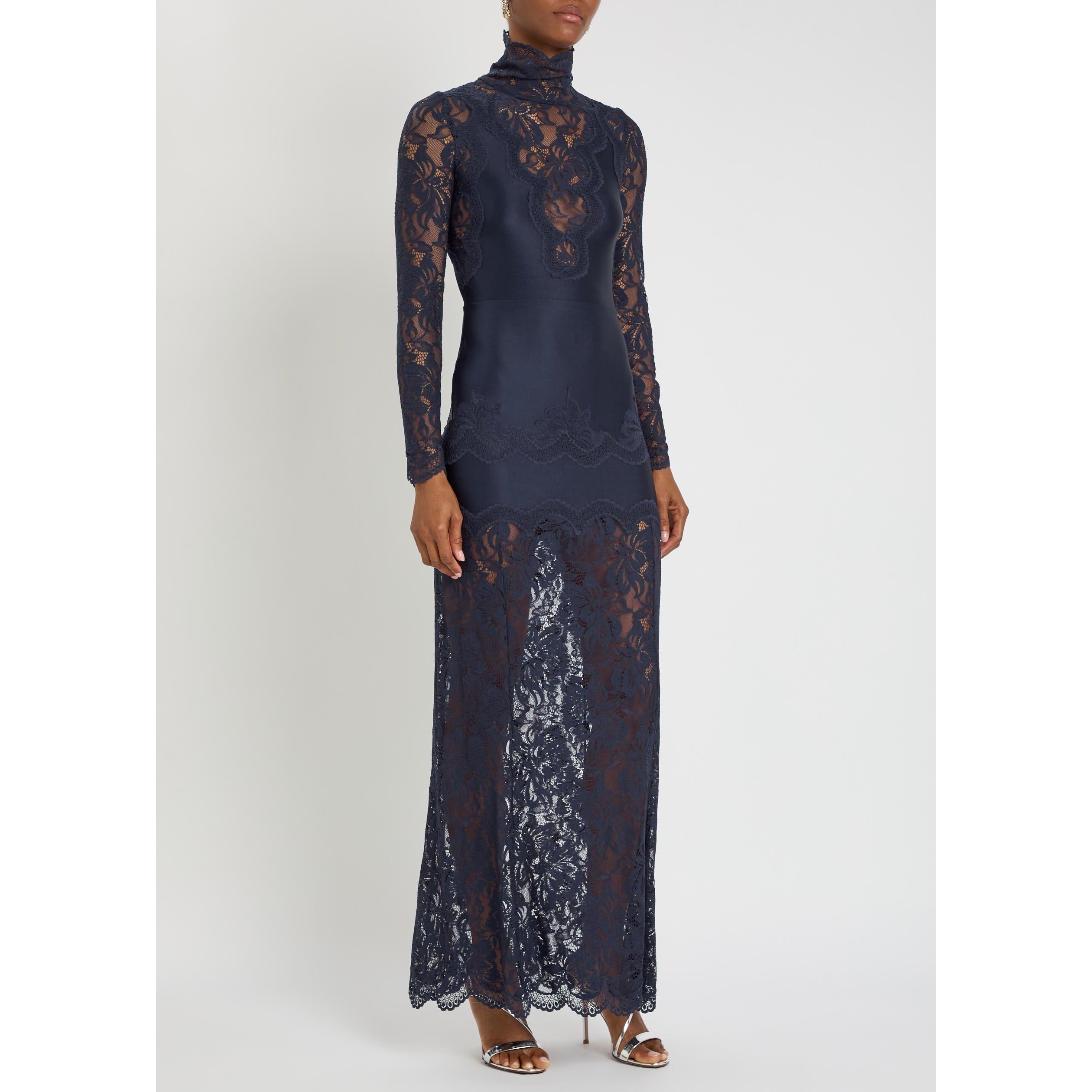 NAVY - Rabanne - Women's Lace Long-Sleeve Slim-Fit Maxi Dress - 2