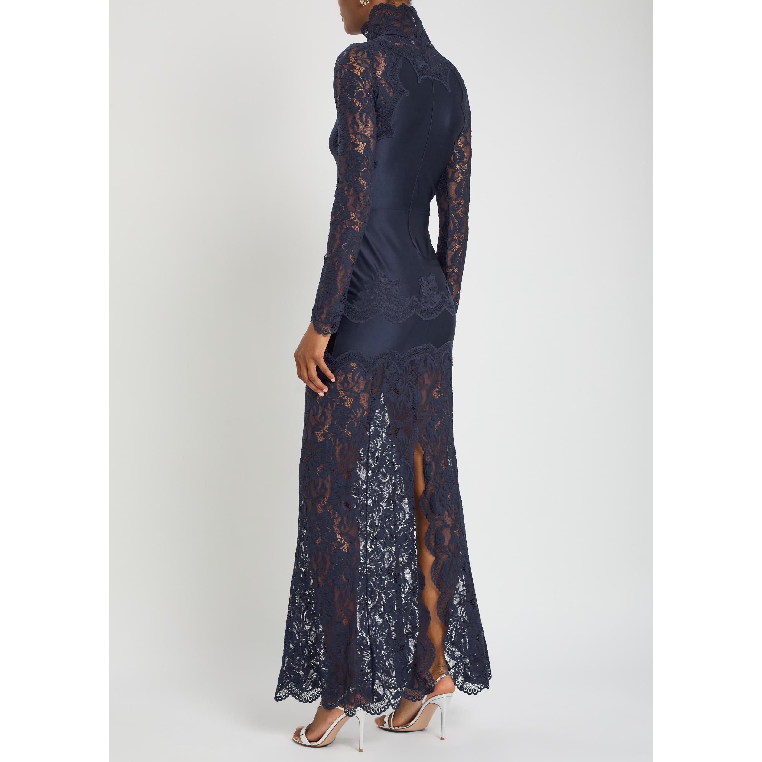 NAVY - Rabanne - Women's Lace Long-Sleeve Slim-Fit Maxi Dress - 3
