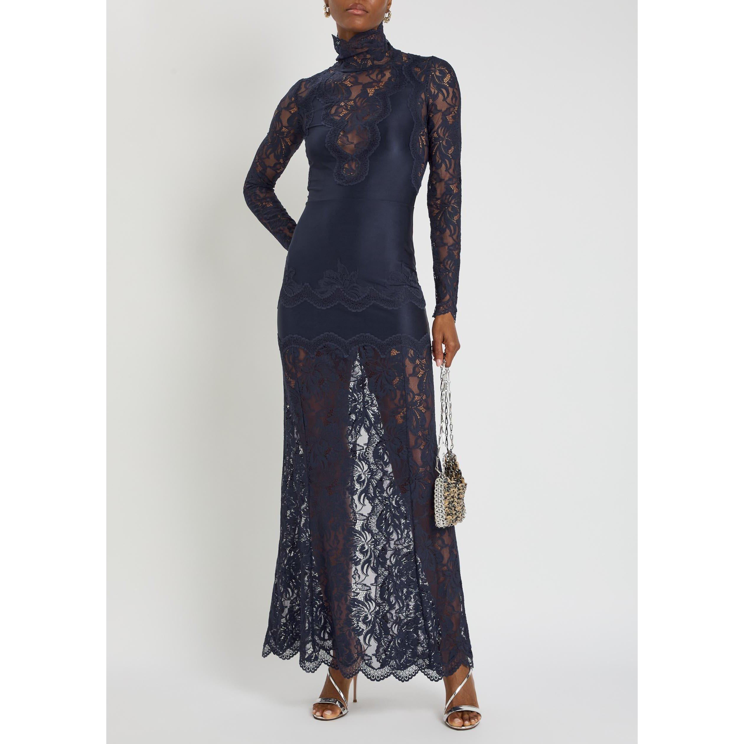 NAVY - Rabanne - Women's Lace Long-Sleeve Slim-Fit Maxi Dress - 5