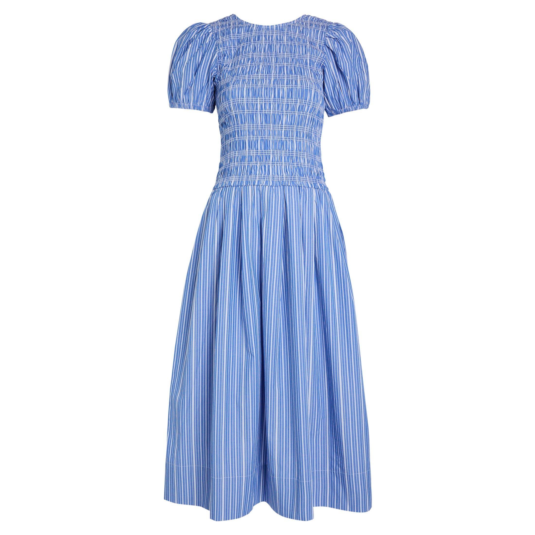 NAVY - Ganni - Women's Striped Cotton Puff-Sleeve Midi Dress - 1