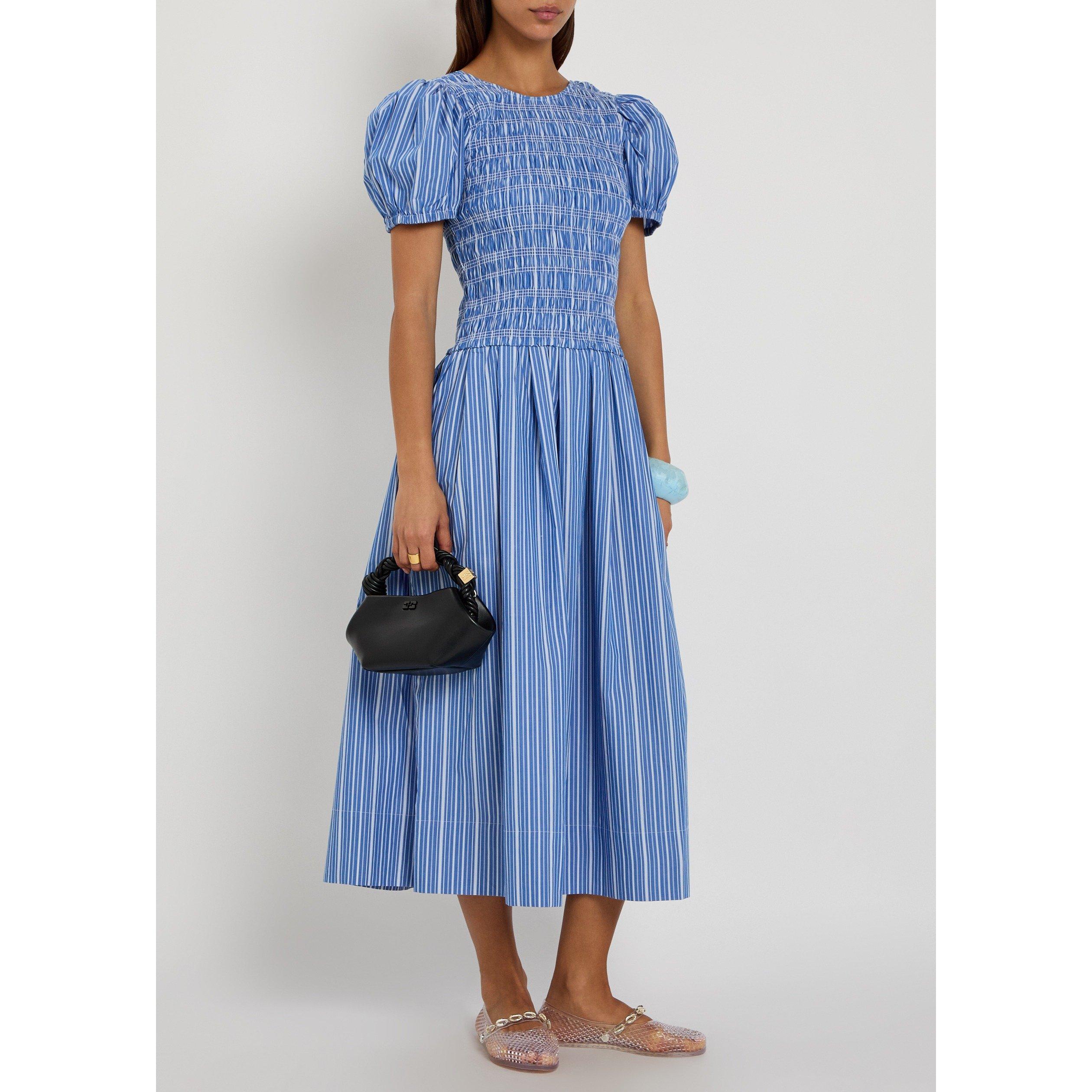 NAVY - Ganni - Women's Striped Cotton Puff-Sleeve Midi Dress - 5