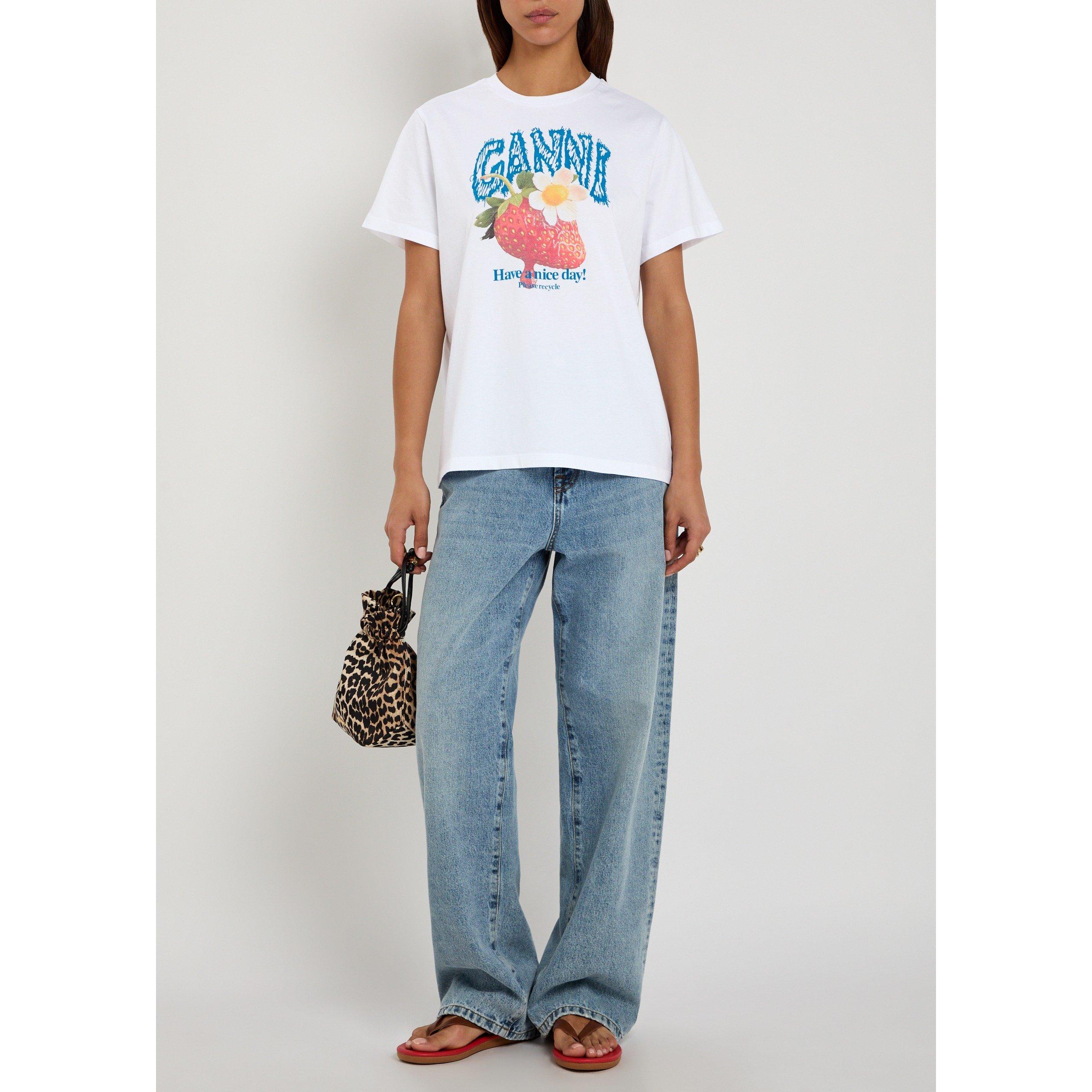 WHITE - Ganni - Women's Basic Strawberry Jersey Cotton Crew-Neck T-Shirt - 5