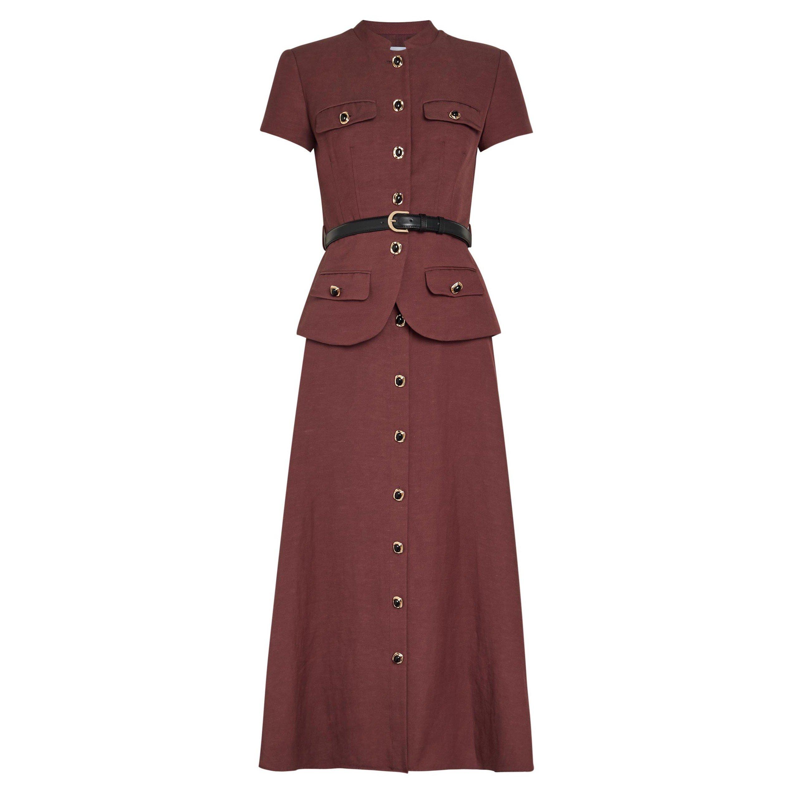 BROWN - Self Portrait - LD PEPLUM LINEN MIDI DRESS