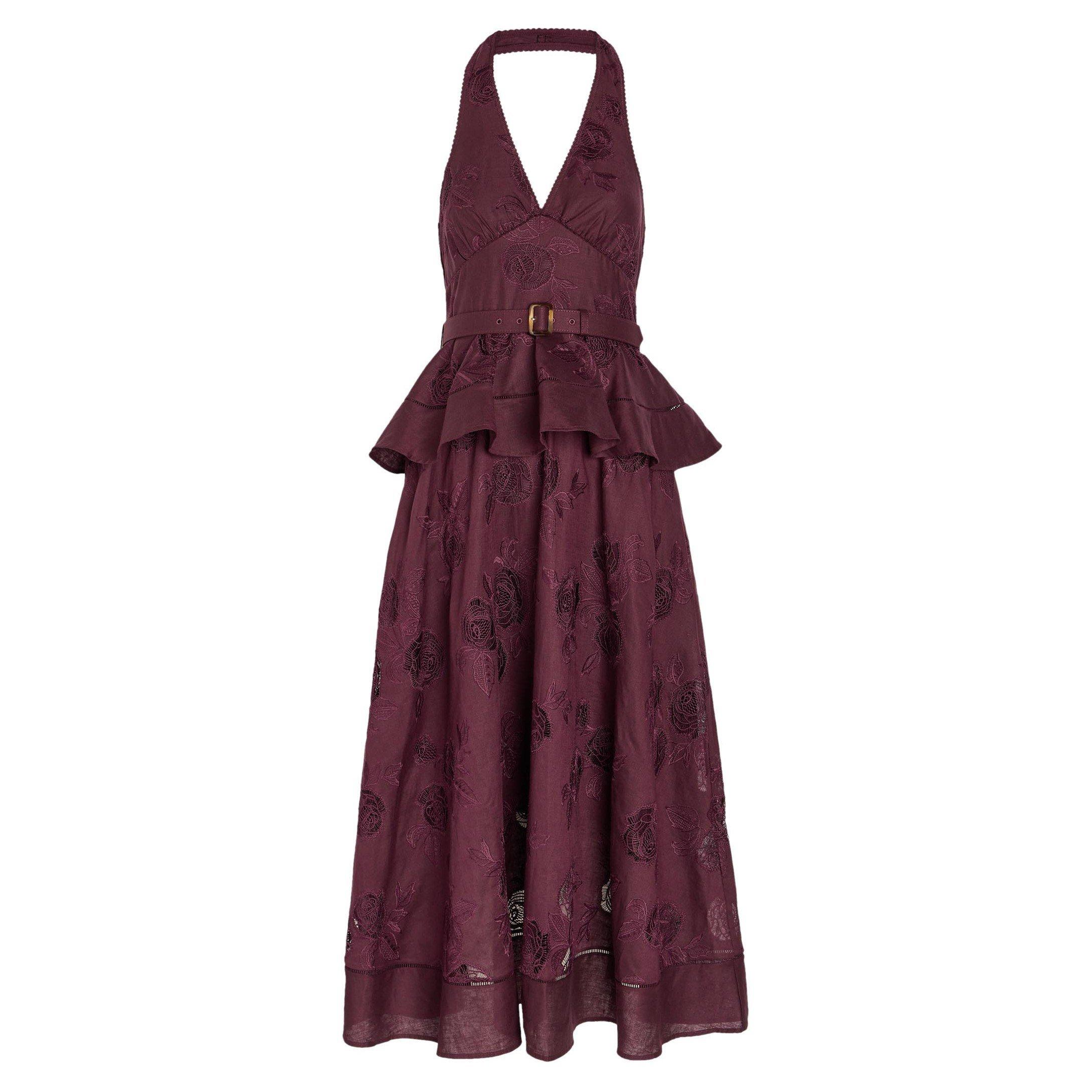 BURGUNDY - Self Portrait - LD LINEN PEPLUM MIDI DRESS