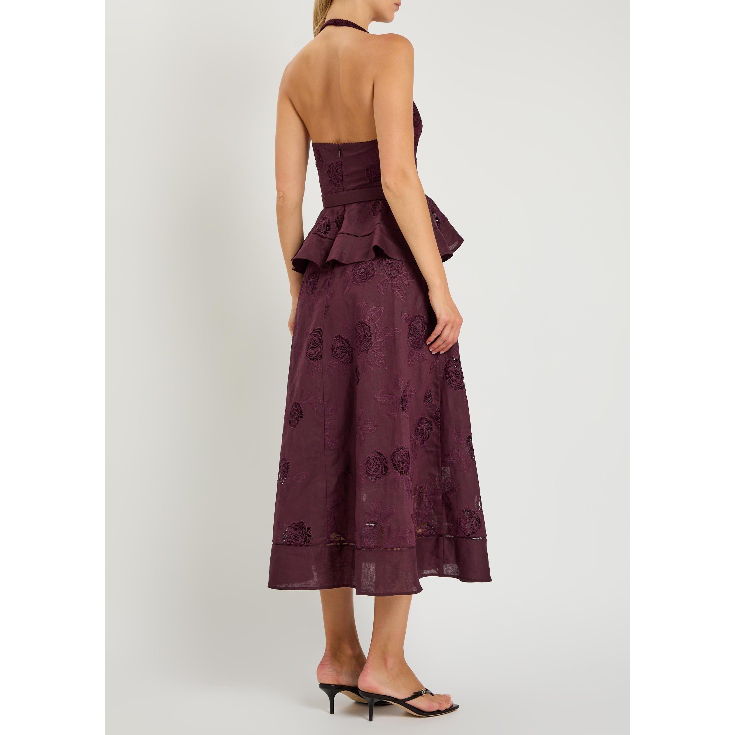 BURGUNDY - Self Portrait - LD LINEN PEPLUM MIDI DRESS - 3
