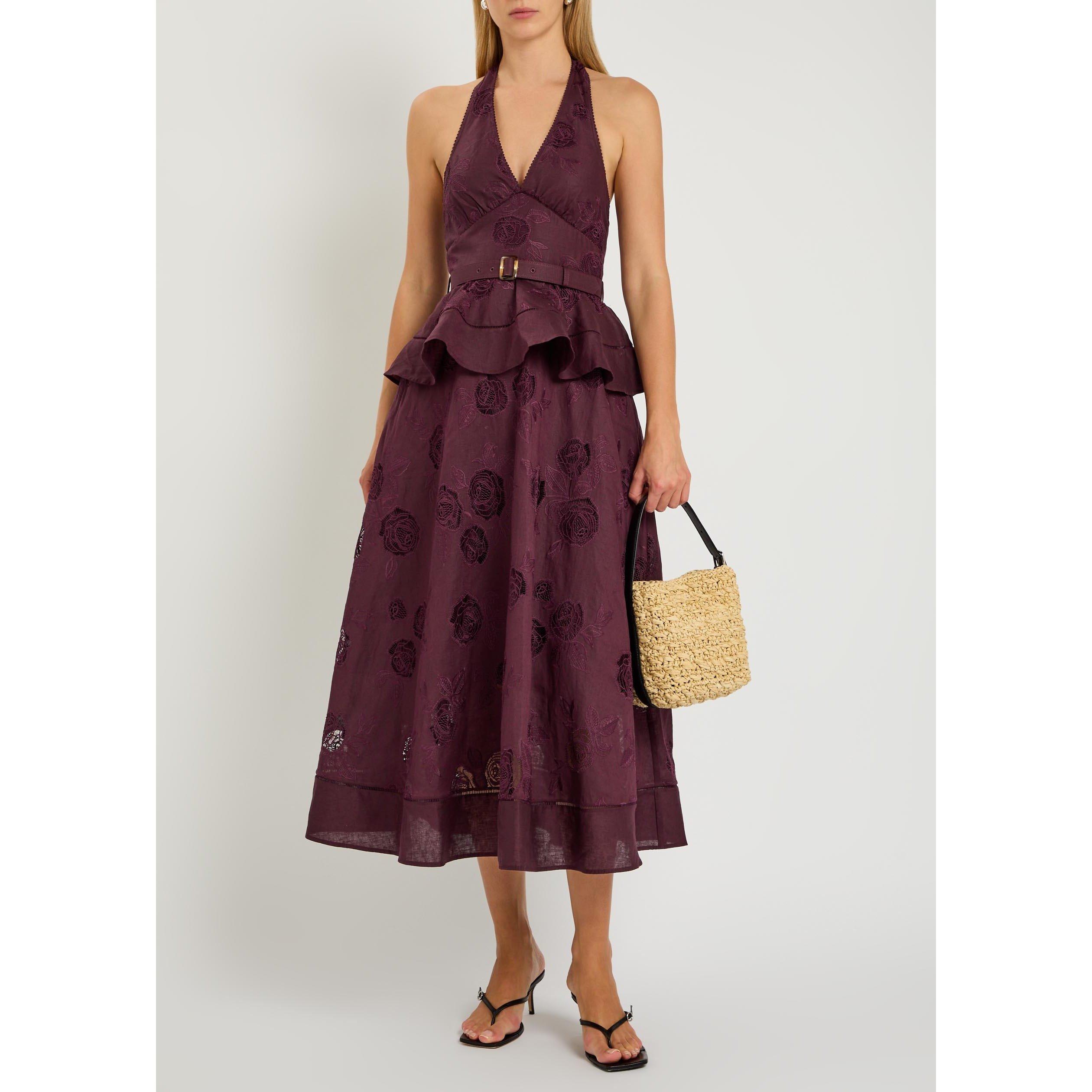 BURGUNDY - Self Portrait - LD LINEN PEPLUM MIDI DRESS - 5