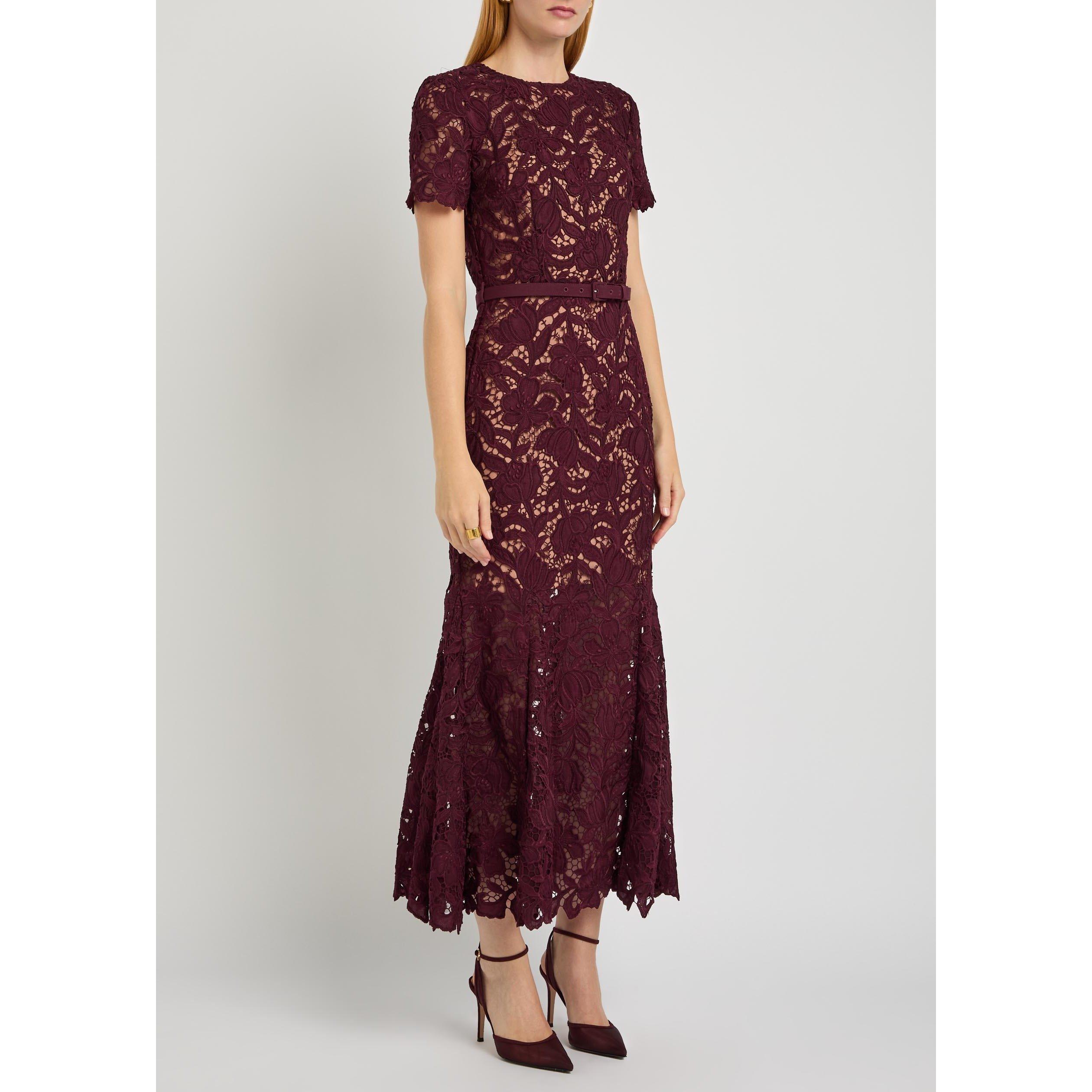 BURGUNDY - Self Portrait - Women's Lace Midi A-Line Dress - 2