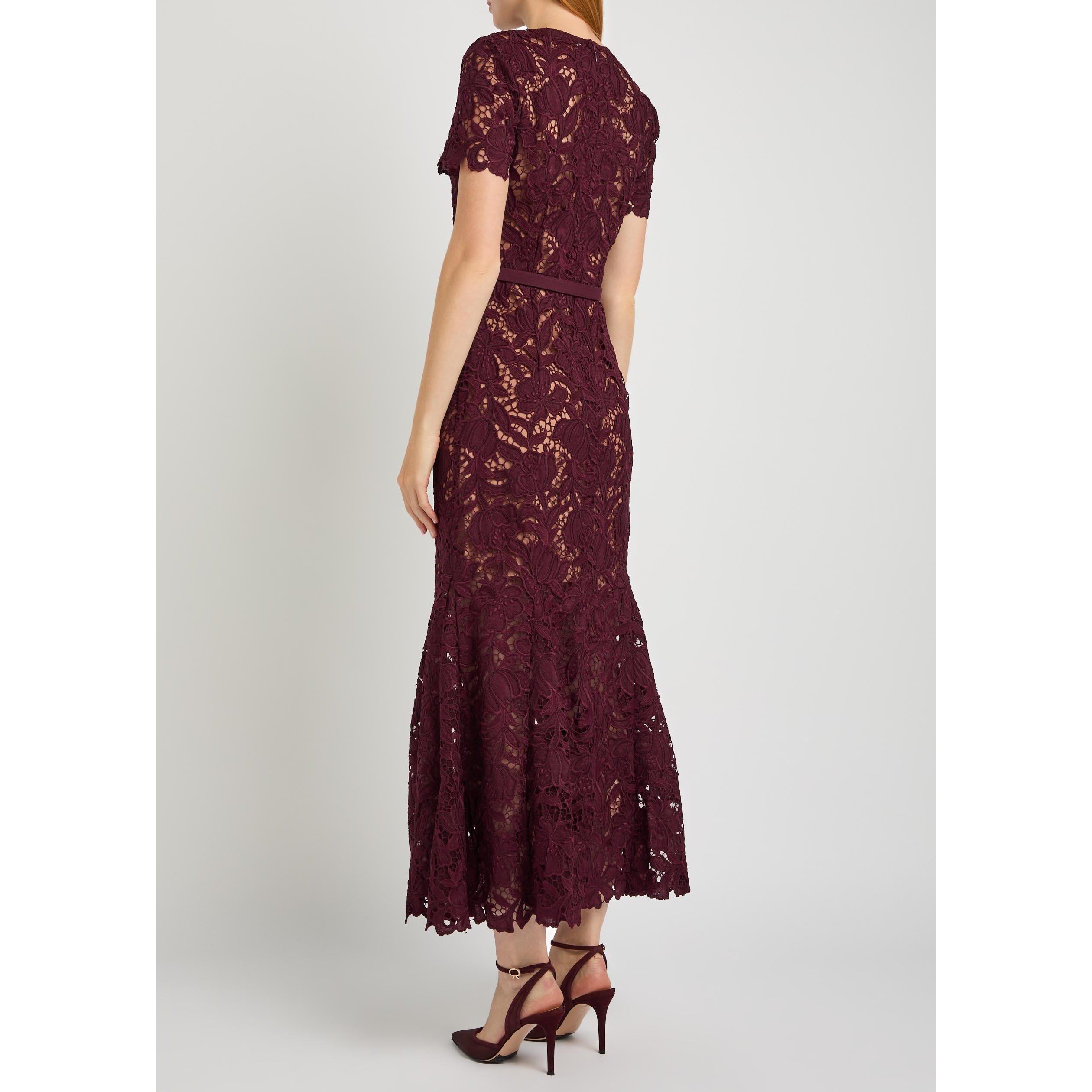 BURGUNDY - Self Portrait - Women's Lace Midi A-Line Dress - 3