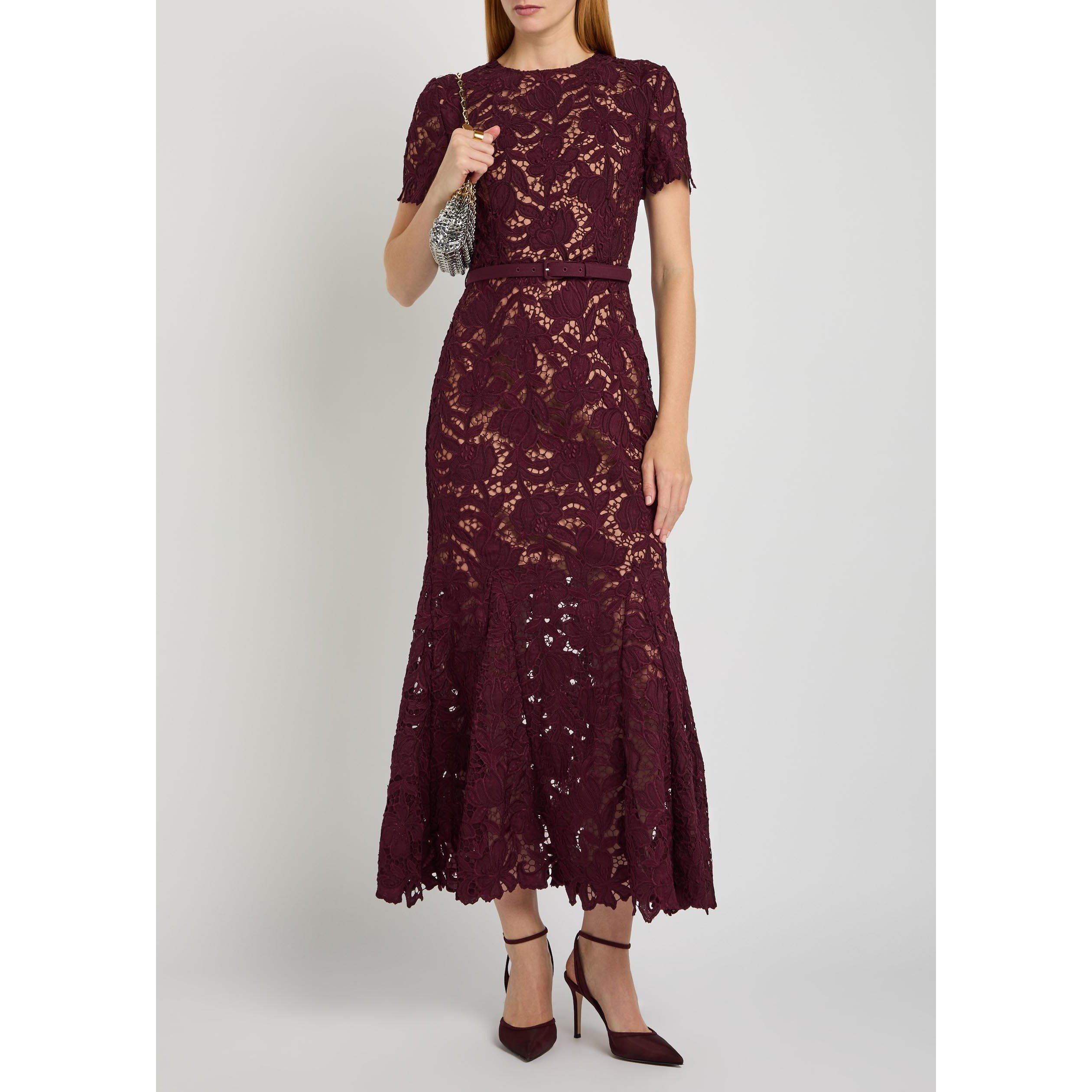 BURGUNDY - Self Portrait - Women's Lace Midi A-Line Dress - 5