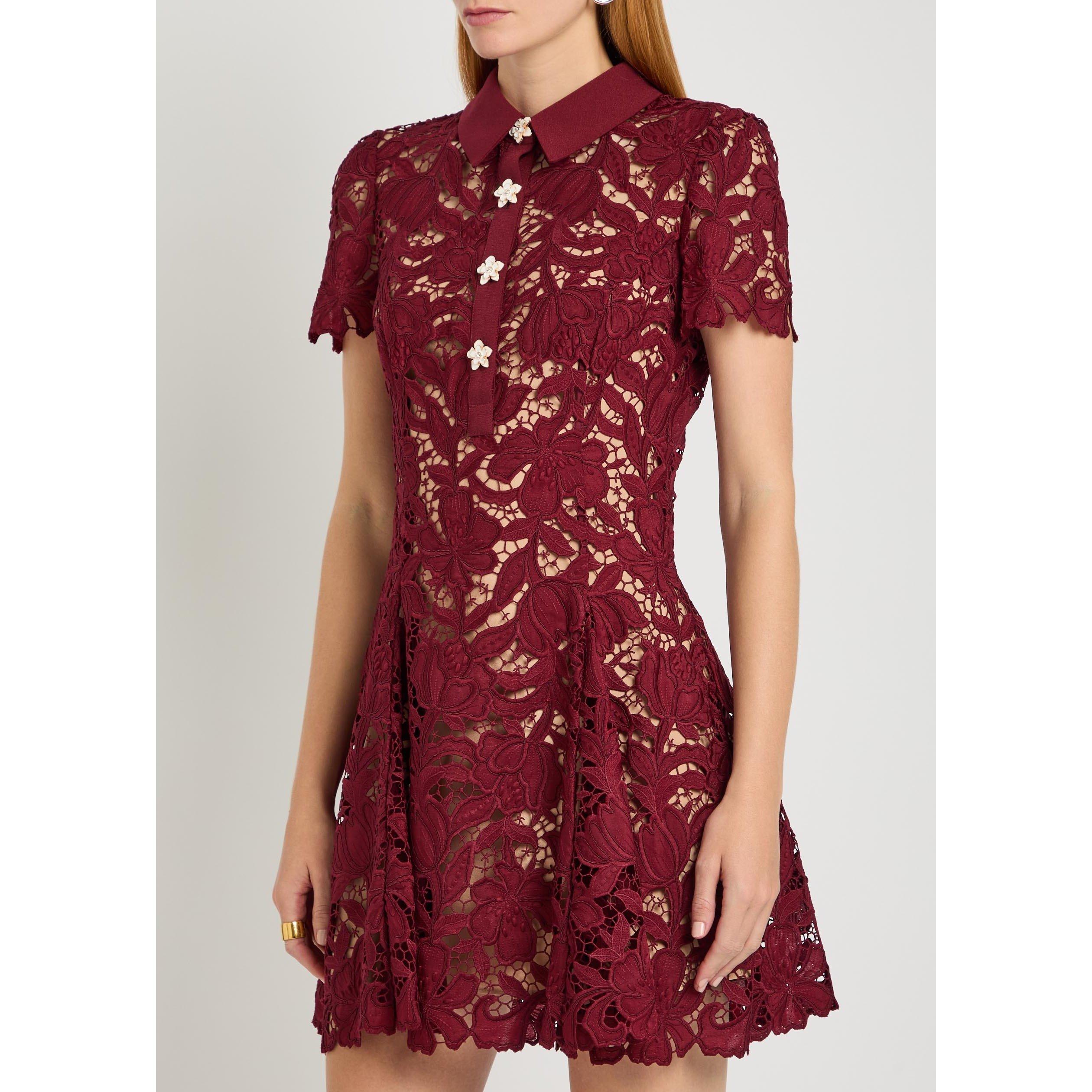BURGUNDY - Self Portrait - Women's Lace Short-Sleeve Mini Dress - 2