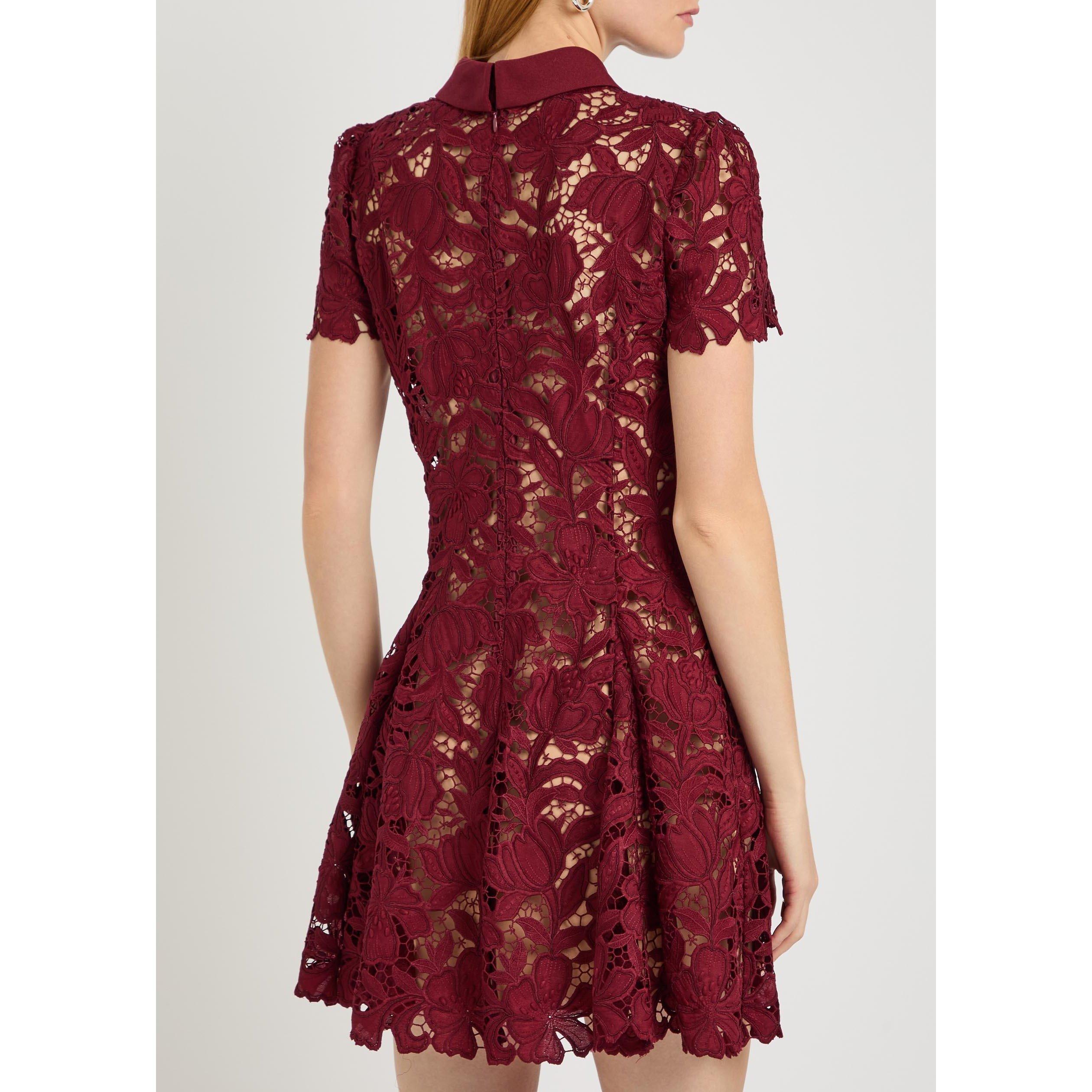 BURGUNDY - Self Portrait - Women's Lace Short-Sleeve Mini Dress - 3