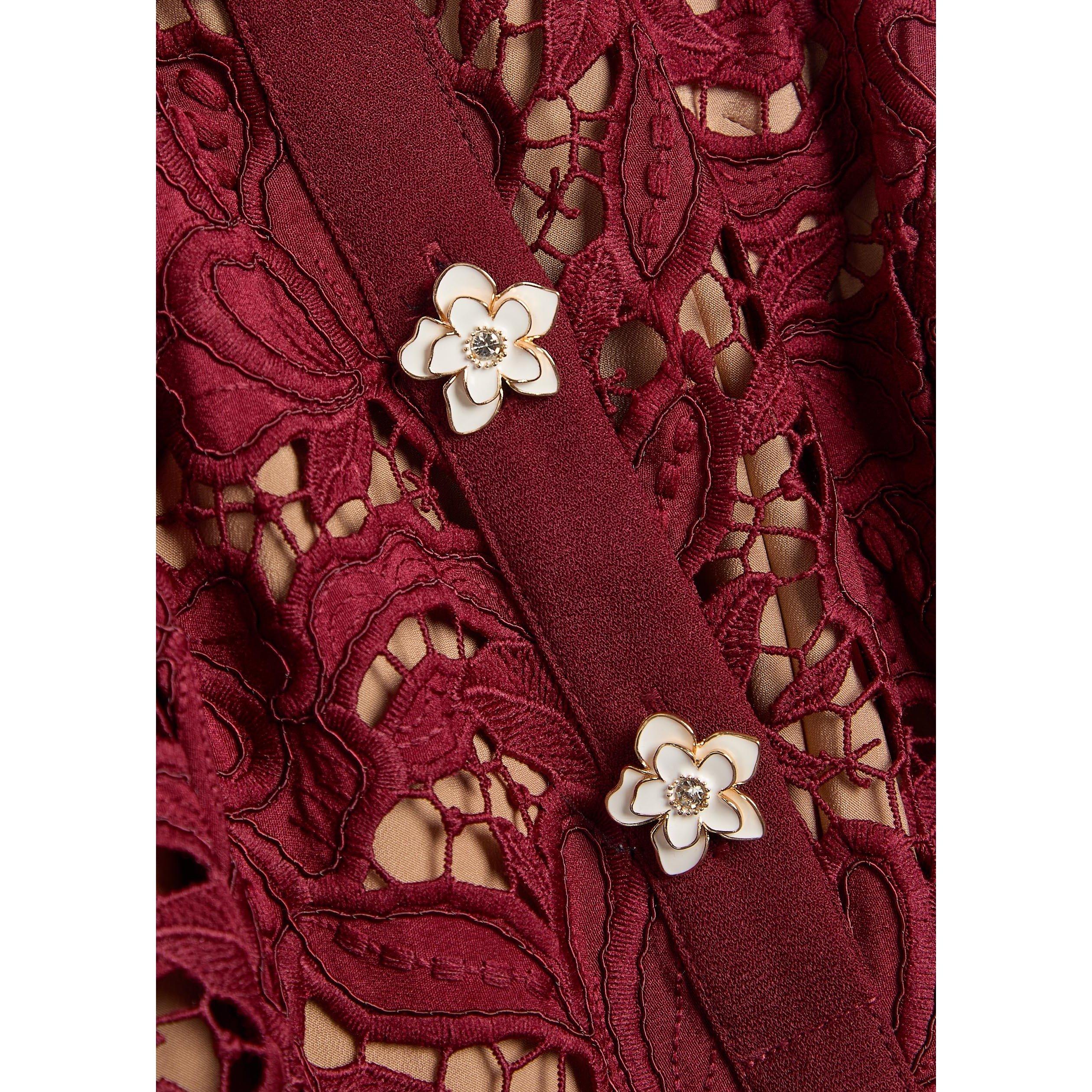 BURGUNDY - Self Portrait - Women's Lace Short-Sleeve Mini Dress - 4