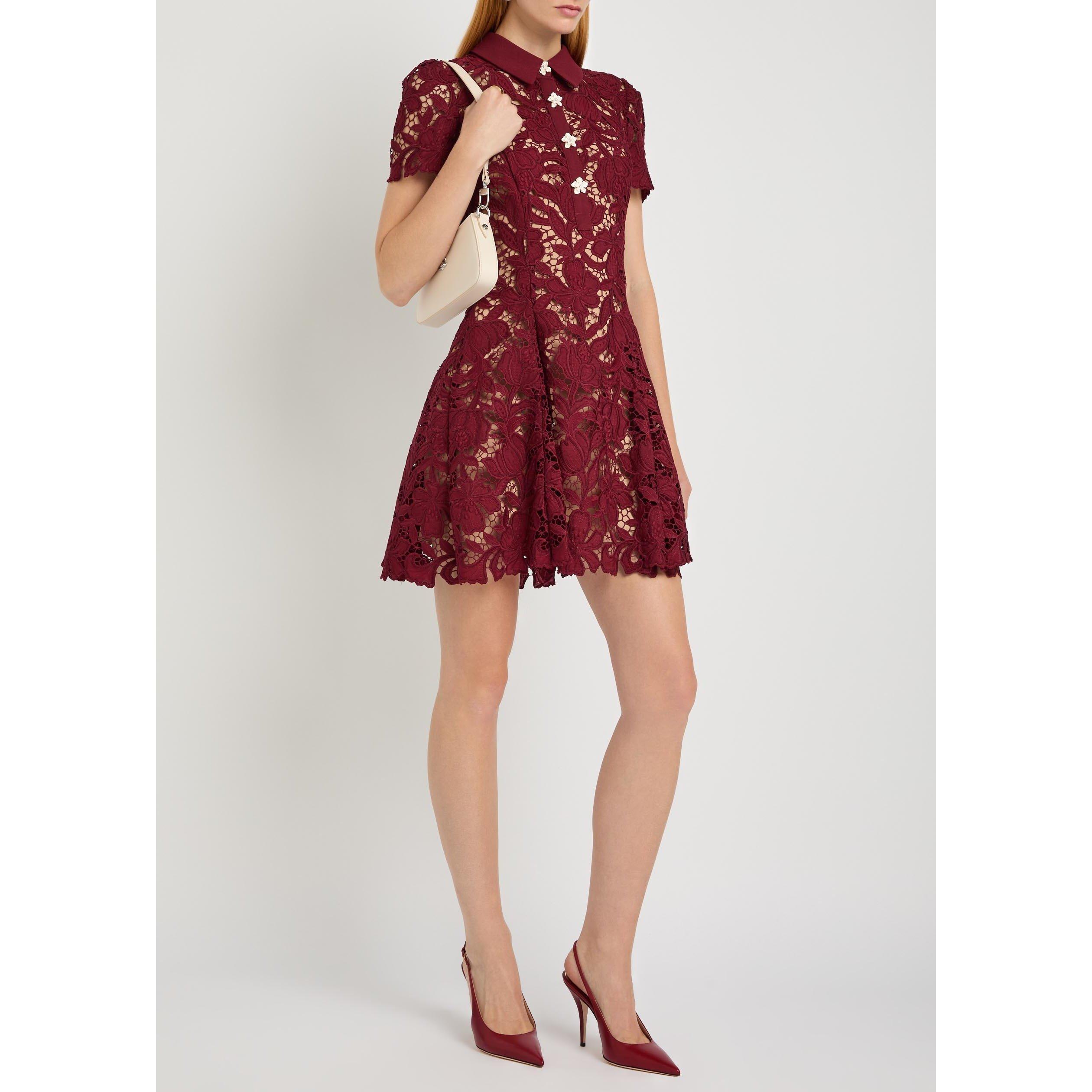 BURGUNDY - Self Portrait - Women's Lace Short-Sleeve Mini Dress - 5