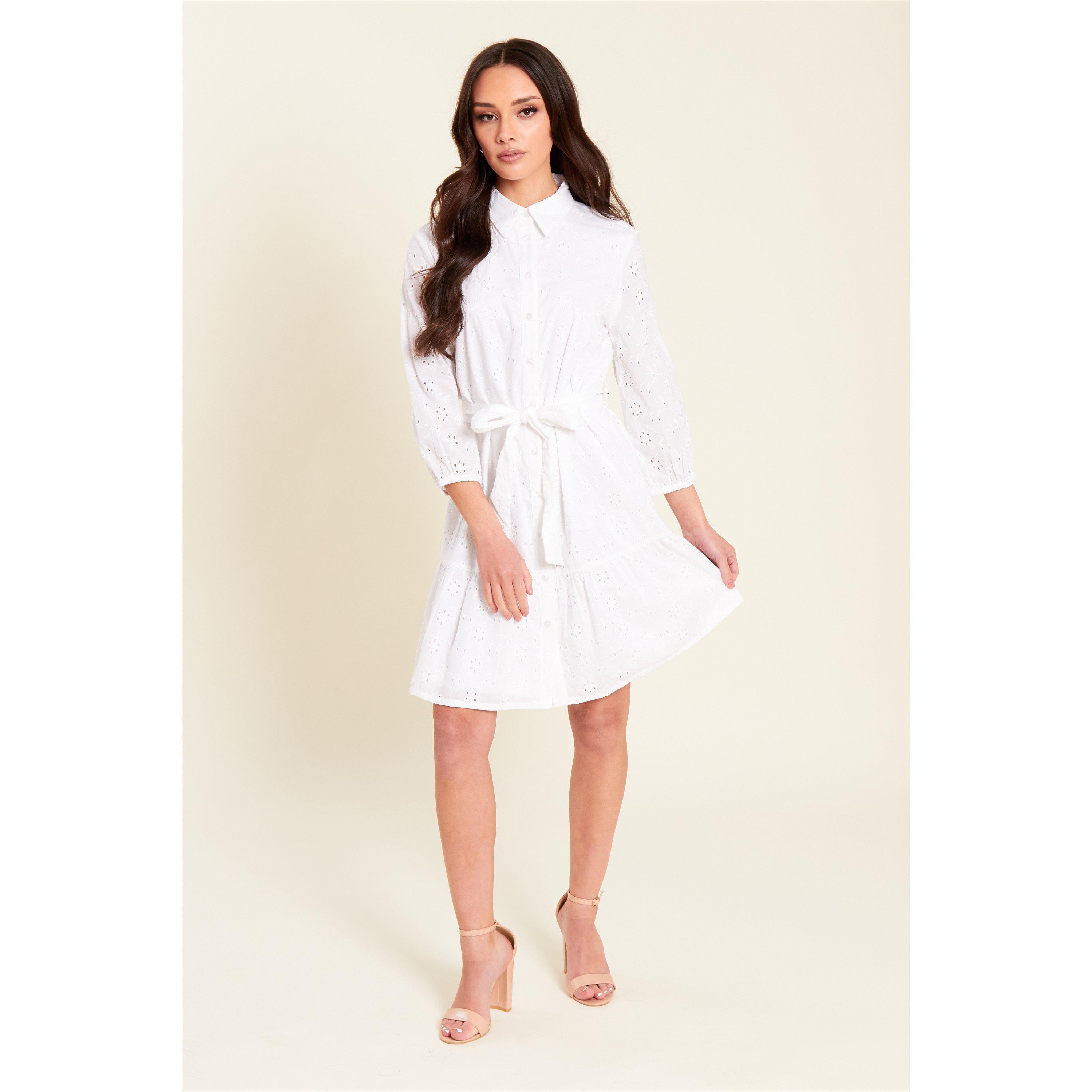 White - Be You - Women's Broderie Tie Waist Shirt Dress - 1