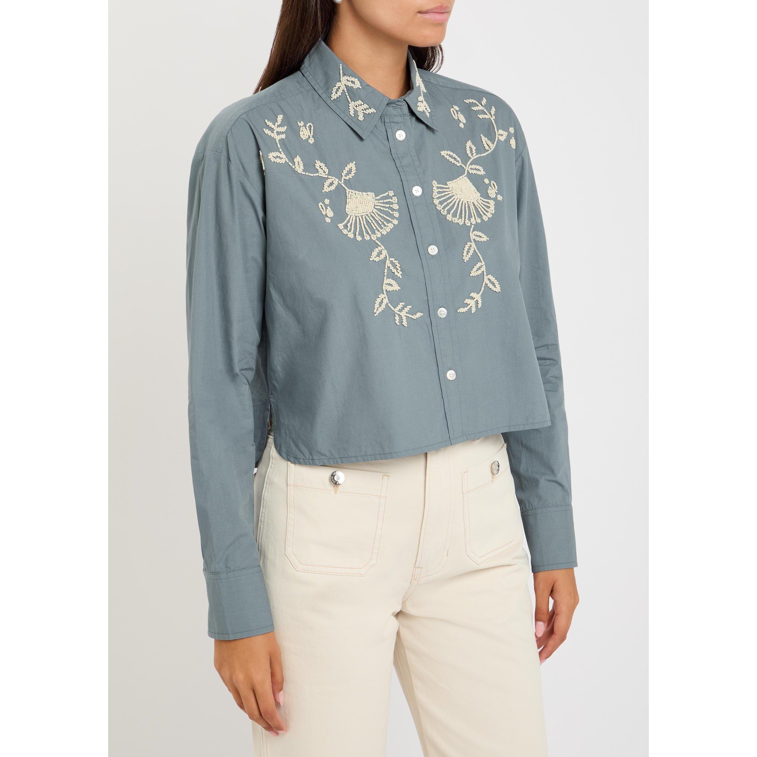 BLUE - Veronica Beard - Women's Aderes Embellished Long-Sleeve Cotton Shirt - 2