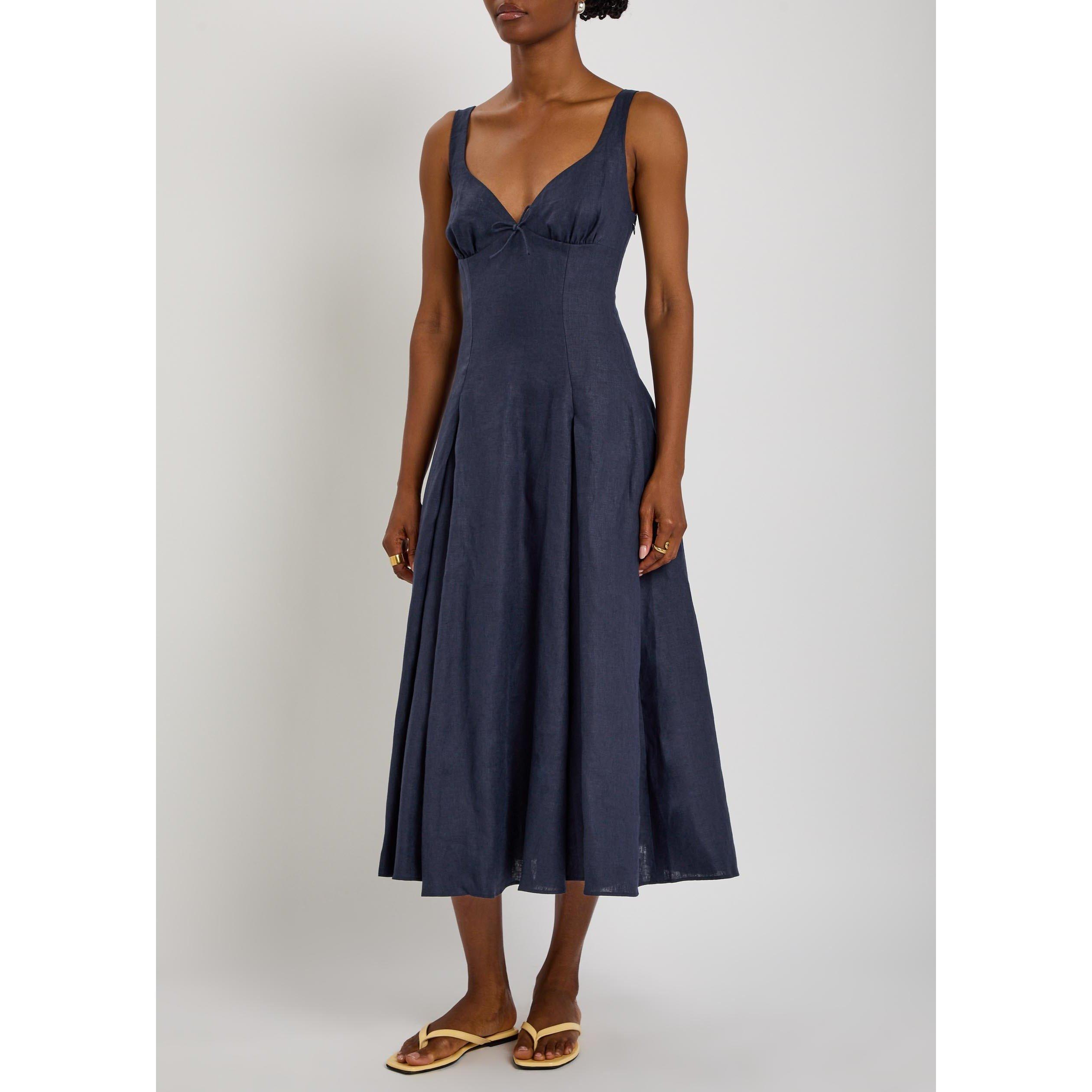 NAVY - Faithfull The Brand - Women's Adalee Linen Midi A Line Dress - 2