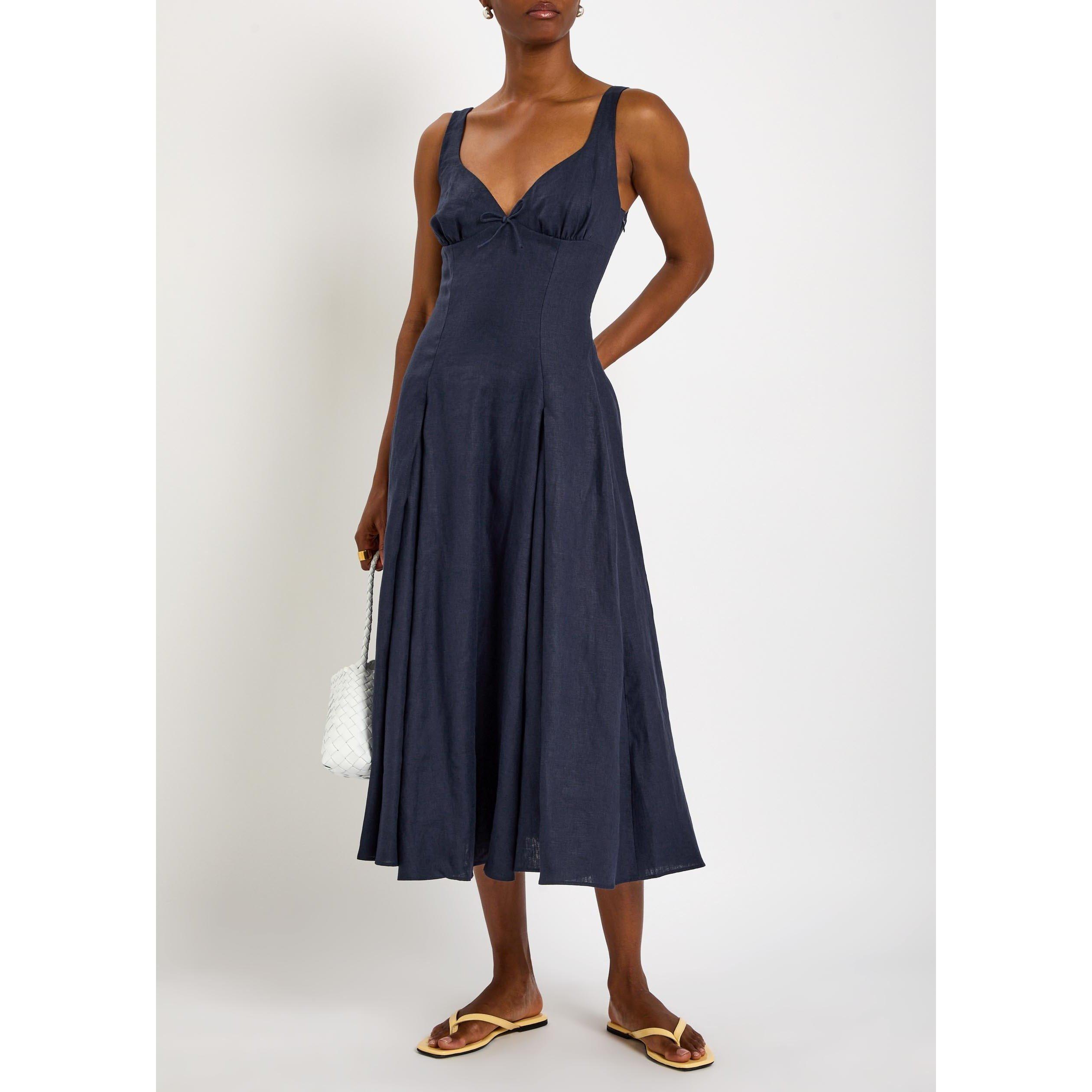 NAVY - Faithfull The Brand - Women's Adalee Linen Midi A Line Dress - 5
