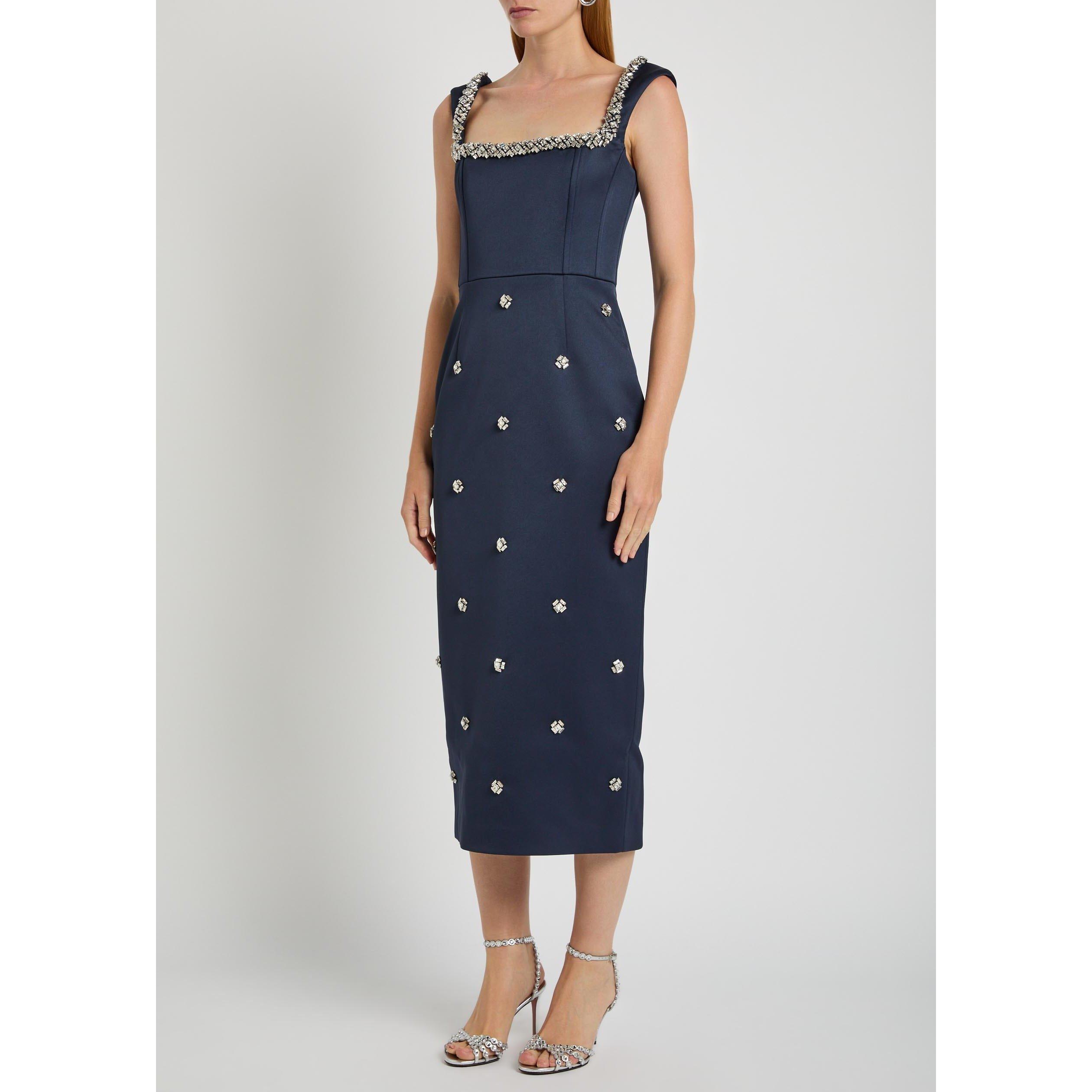 NAVY - Rebecca Vallance - Women's Ayla Midi Crystal-Embellished Square-Neck Satin Bodycon Dress - 2